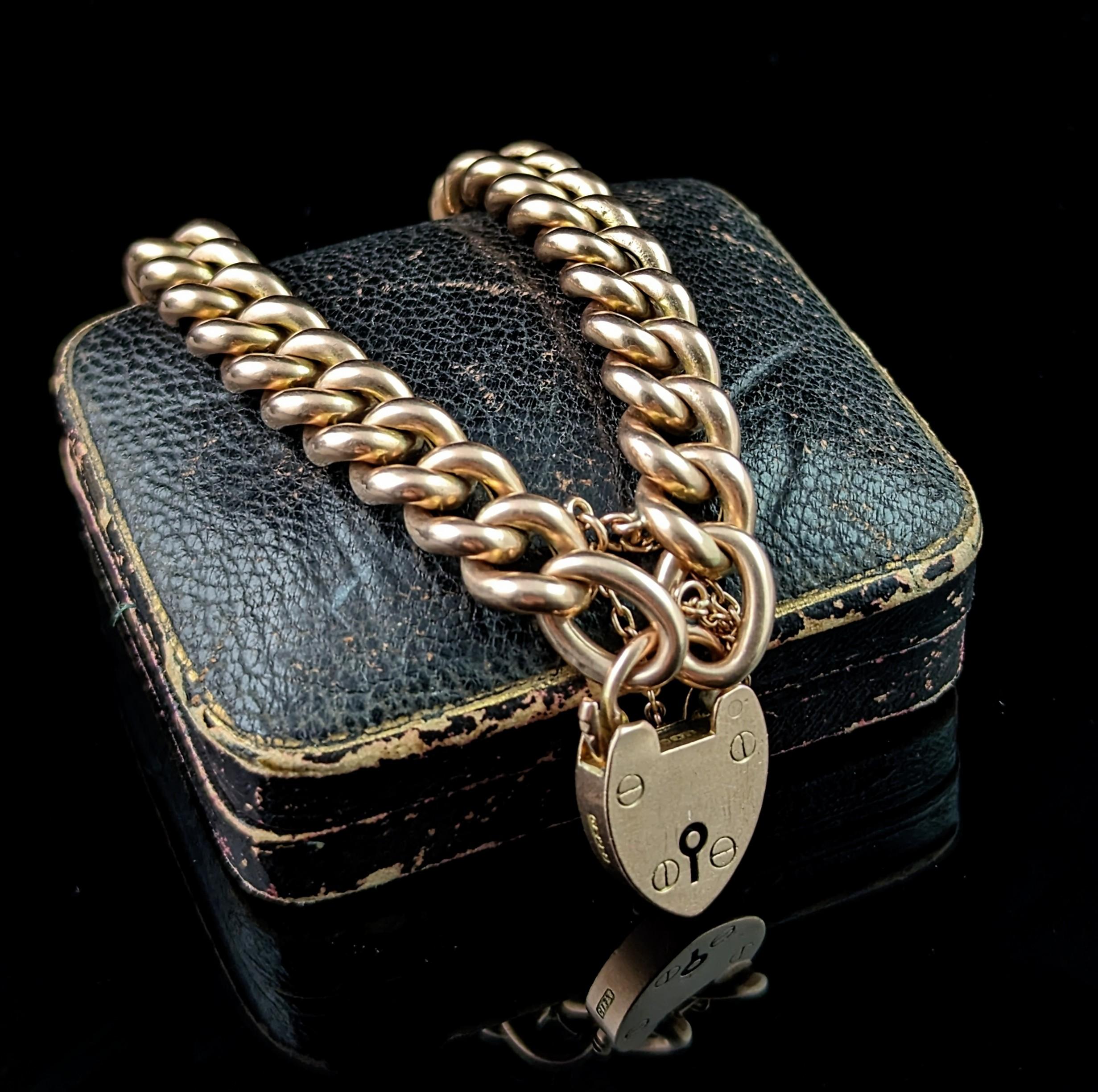 Antique Victorian curb link bracelet, chunky, heart padlock  For Sale 2
