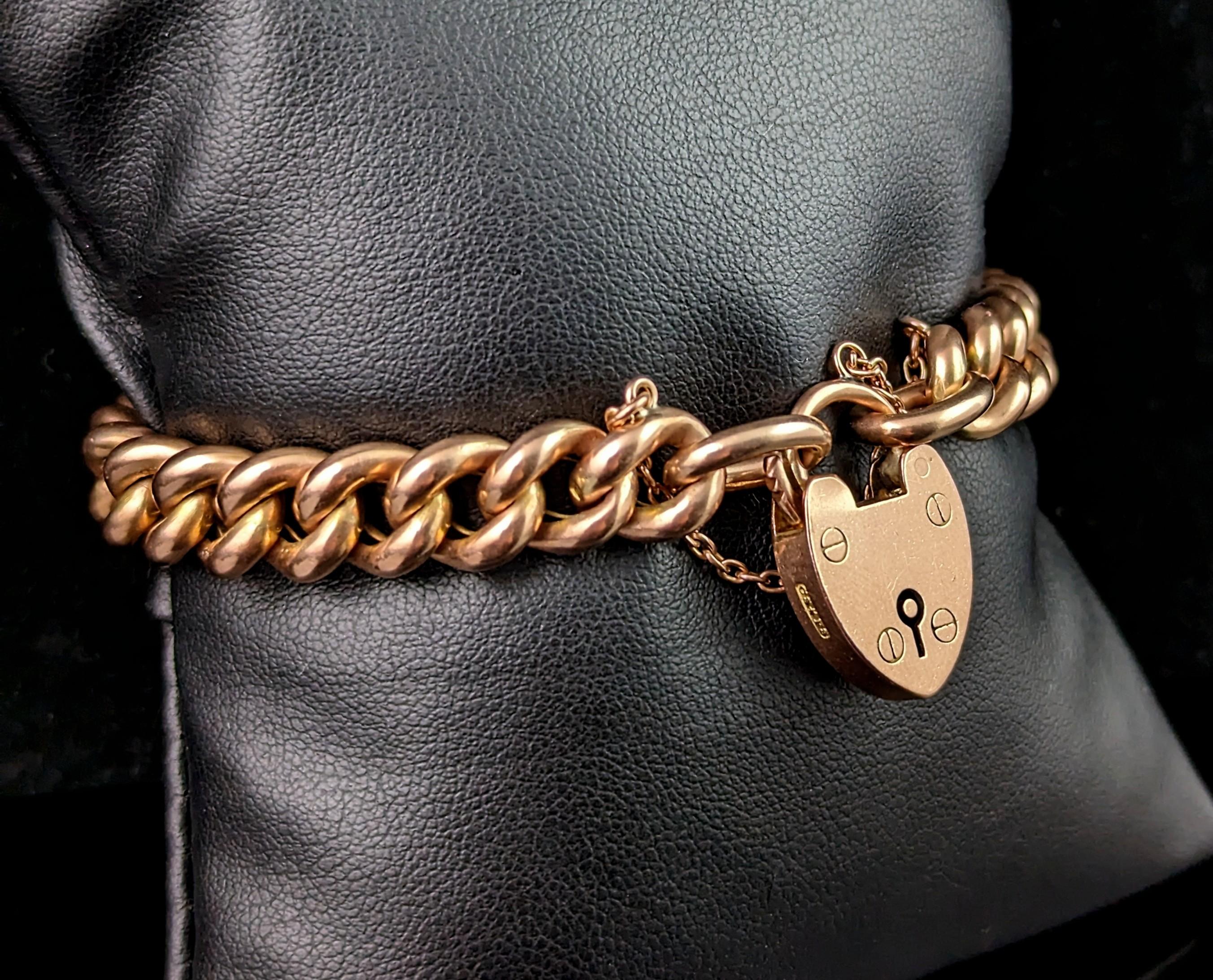 Antique Victorian curb link bracelet, chunky, heart padlock  For Sale 3