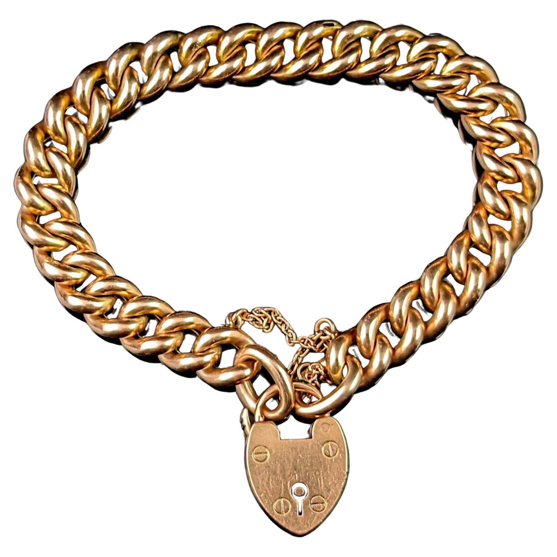 Antique Victorian curb link bracelet, chunky, heart padlock  For Sale