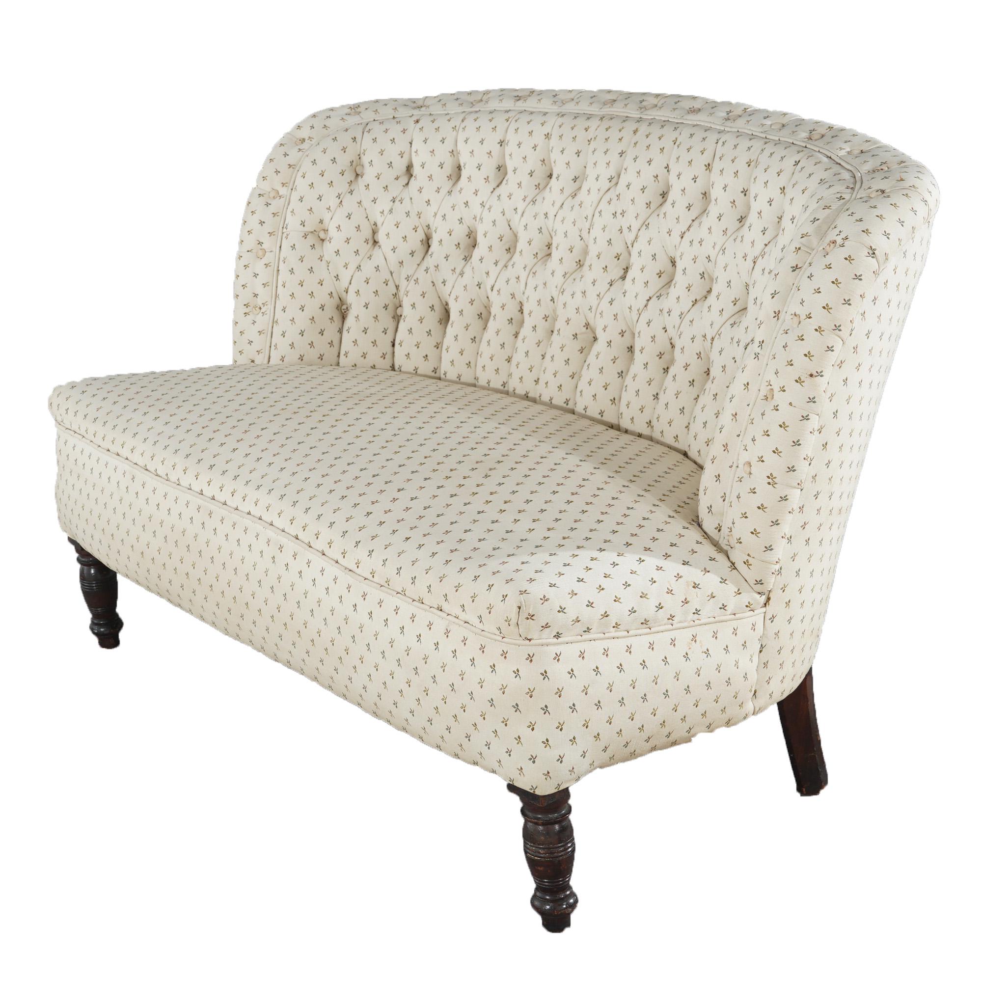 20th Century Antique Victorian Curved & Button Back Upholstered Loveseat C1900 For Sale