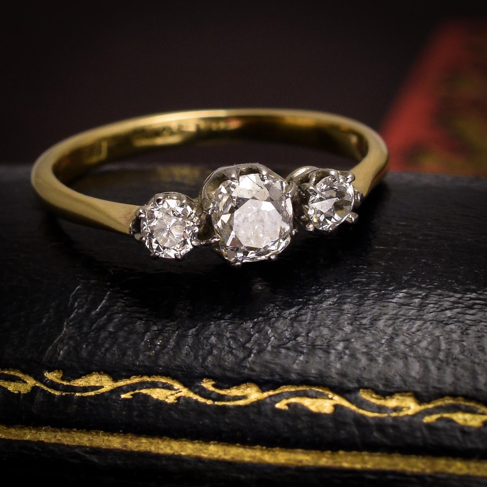 Women's Antique Victorian Cushion Cut Diamond Trilogy Ring