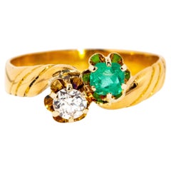 Vintage Victorian Cushion Cut Emerald & Diamond Toi Et Moi Ring 22 Carat Gold