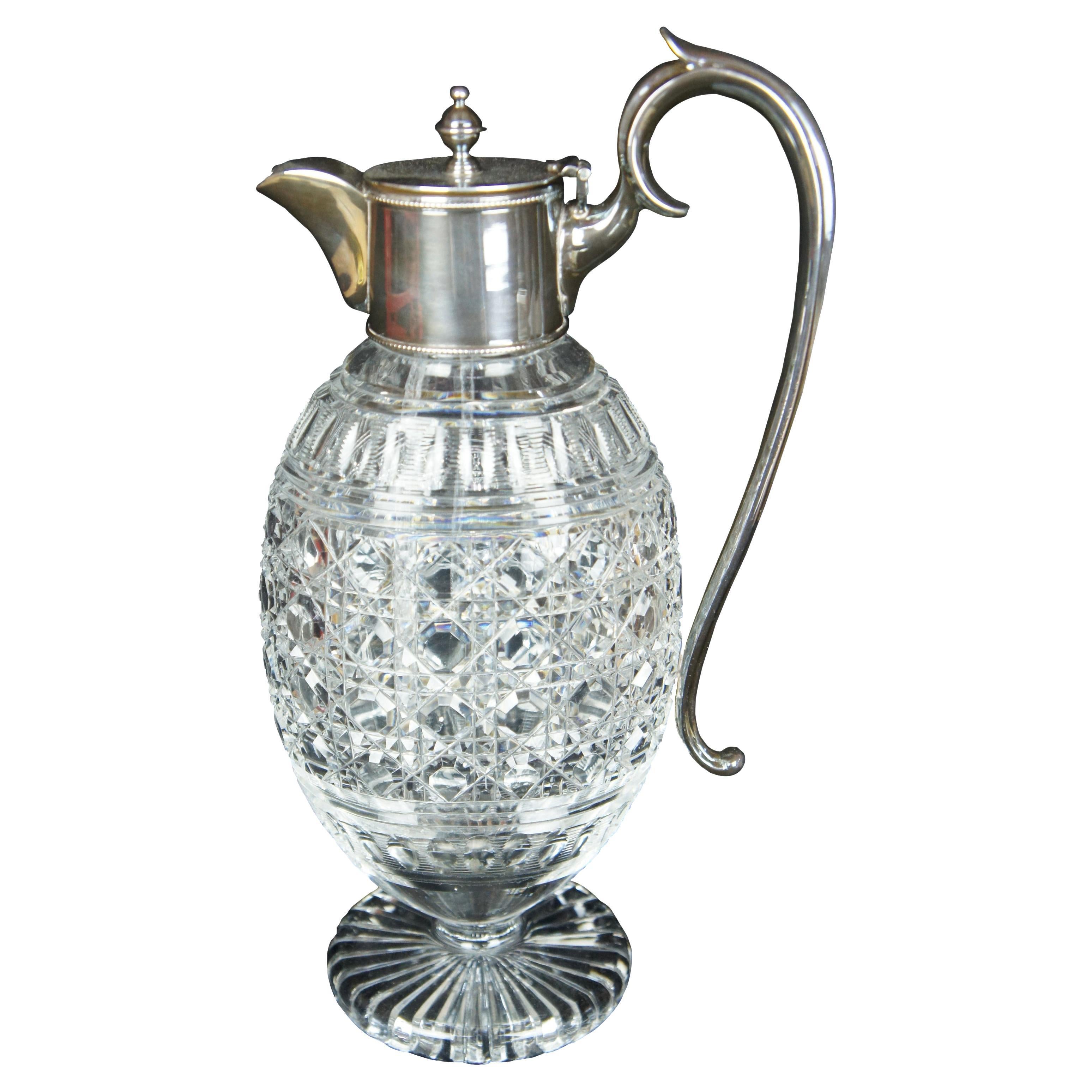 Antique Victorian Cut Crystal Silver Plated Claret Jug Coffee Beverage Pitcher For Sale
