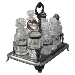 Antique Victorian Cut Crystal & Silver Plated & Footed Cruet Set C1890