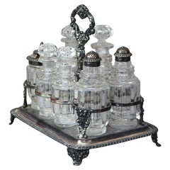 Antique Victorian Cut Crystal & Silver Plated & Footed Cruet Set C1890