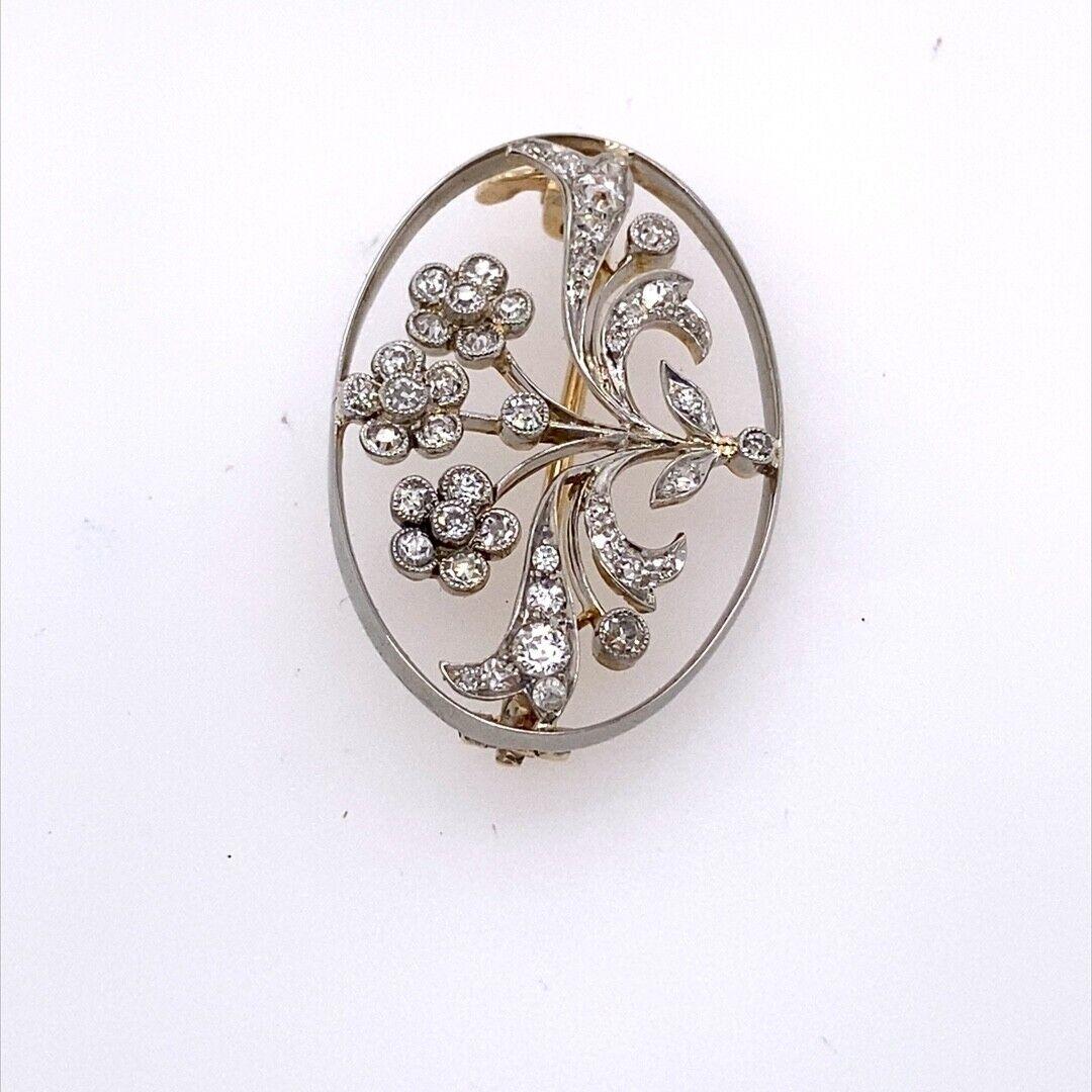 Round Cut Antique Victorian Cut Diamonds Oval Floral Brooch with 15ct Yellow & White Gold For Sale