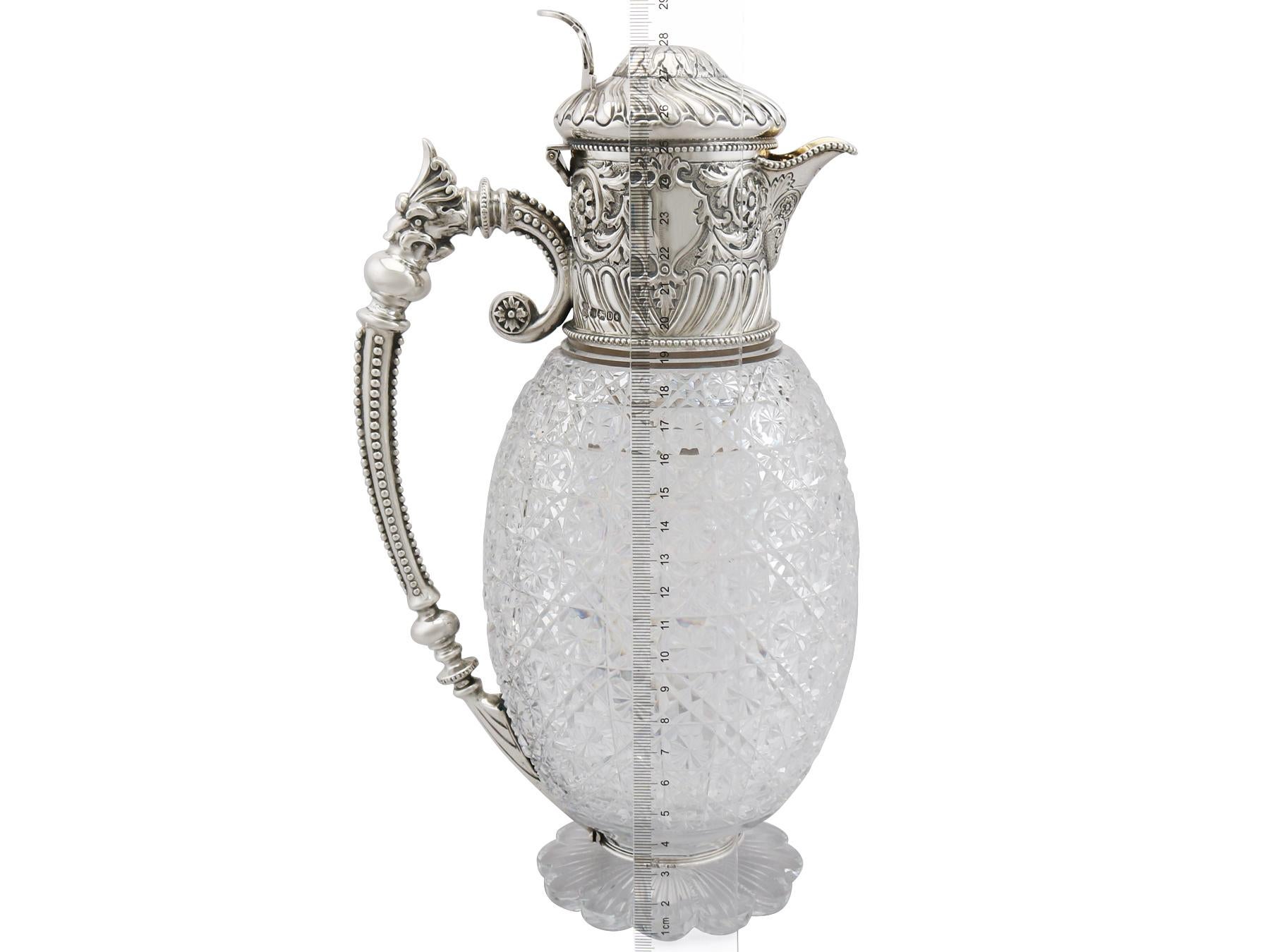 Antique Victorian Cut Glass and Sterling Silver Mounted Claret Jug, 1887 10