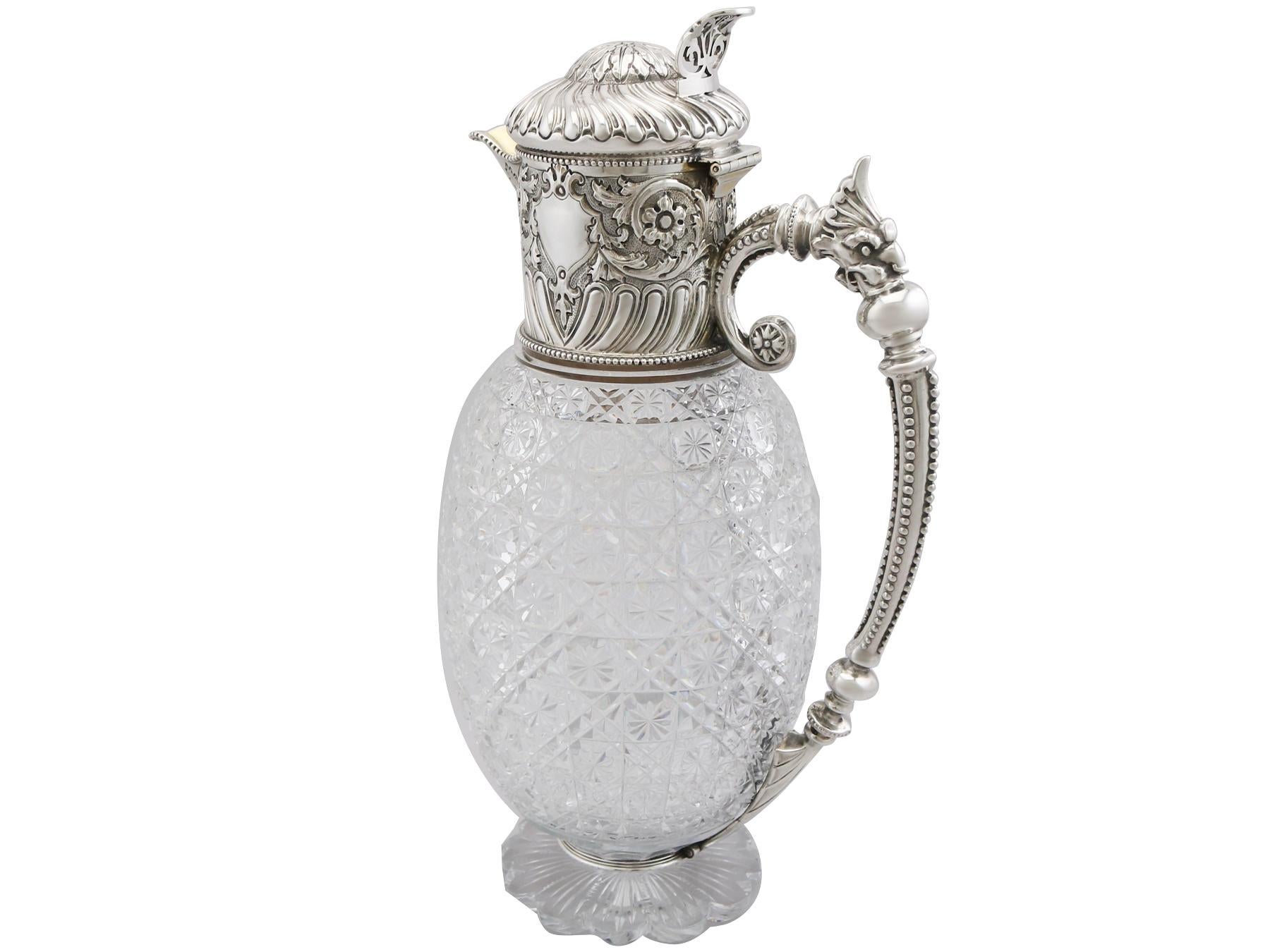 Late 19th Century Antique Victorian Cut Glass and Sterling Silver Mounted Claret Jug, 1887