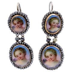 Antique Victorian Cut Steel Porcelain Cherubs Earrings