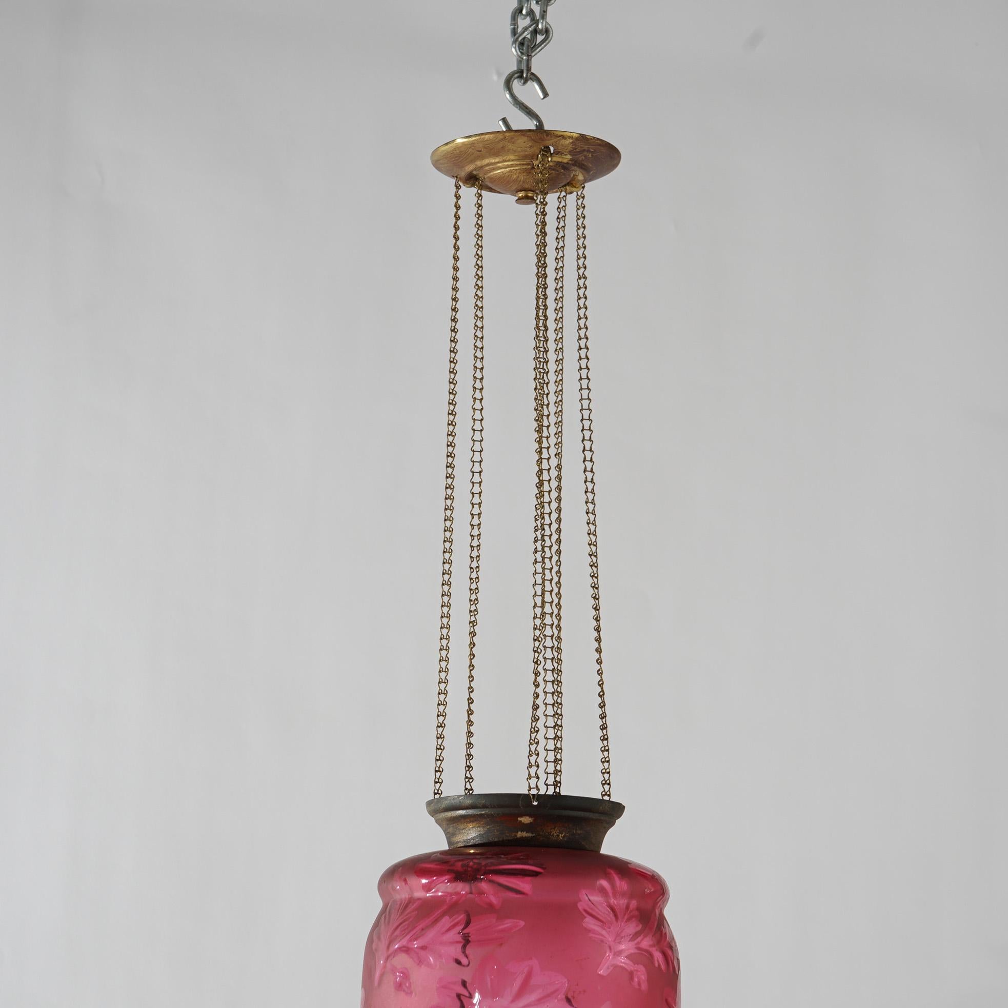 Antique Victorian Cut To Clear Cranberry Glass & Brass Hanging Hall Light C1880 For Sale 5