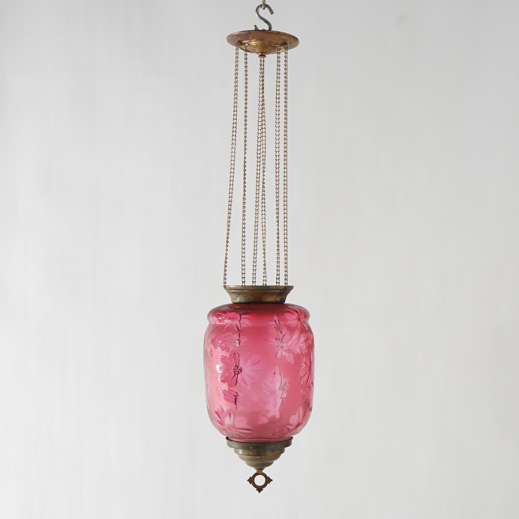 American Antique Victorian Cut To Clear Cranberry Glass & Brass Hanging Hall Light C1880 For Sale