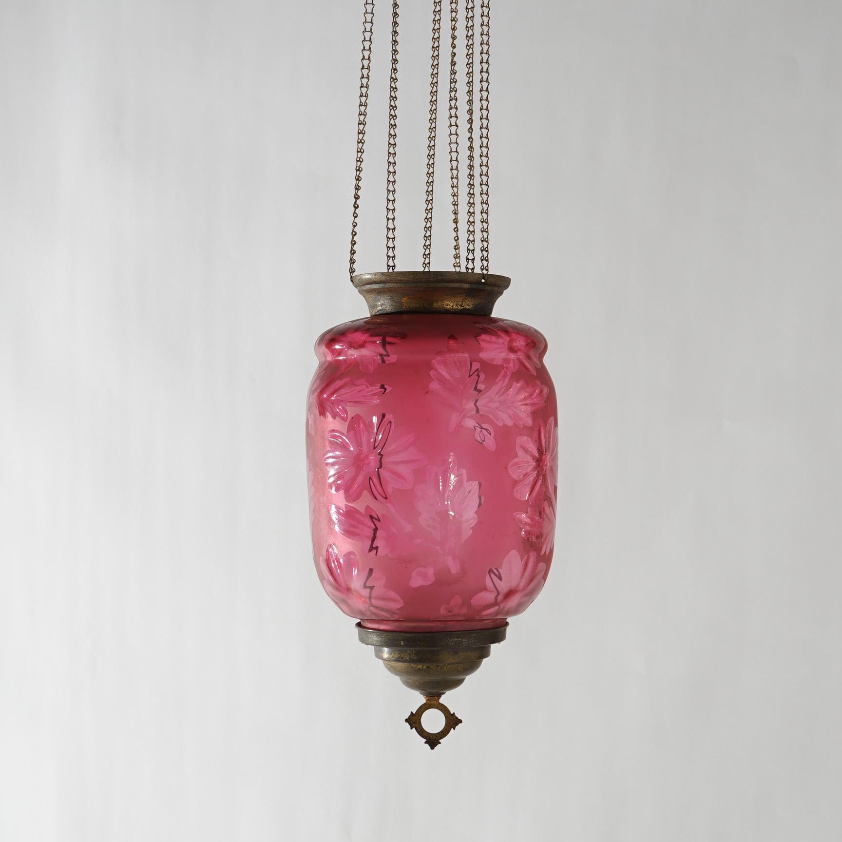 Antique Victorian Cut To Clear Cranberry Glass & Brass Hanging Hall Light C1880 In Good Condition For Sale In Big Flats, NY