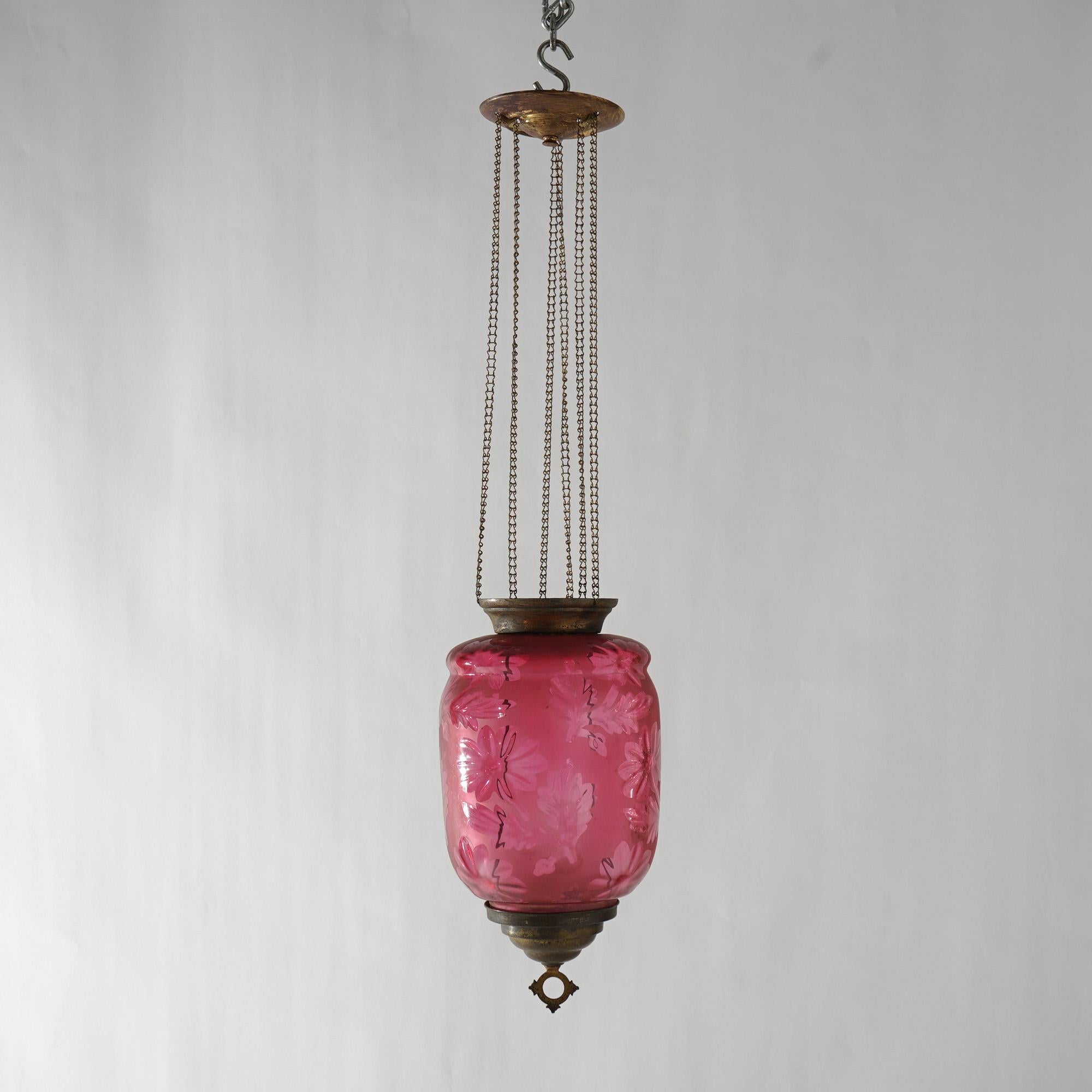 19th Century Antique Victorian Cut To Clear Cranberry Glass & Brass Hanging Hall Light C1880 For Sale