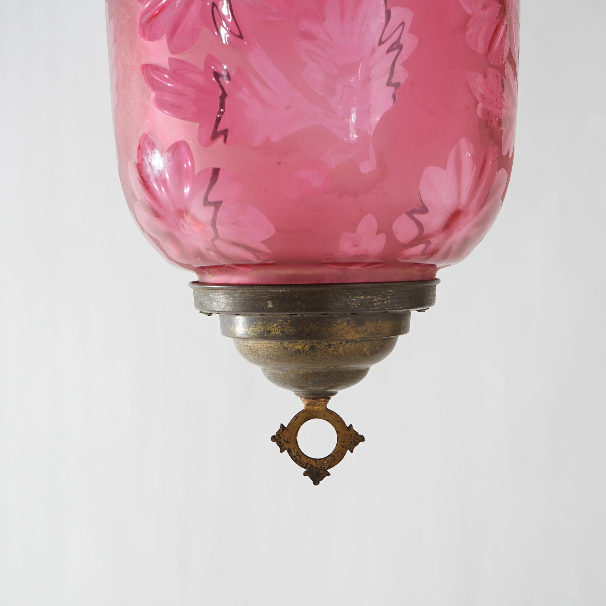 Antique Victorian Cut To Clear Cranberry Glass & Brass Hanging Hall Light C1880 For Sale 1
