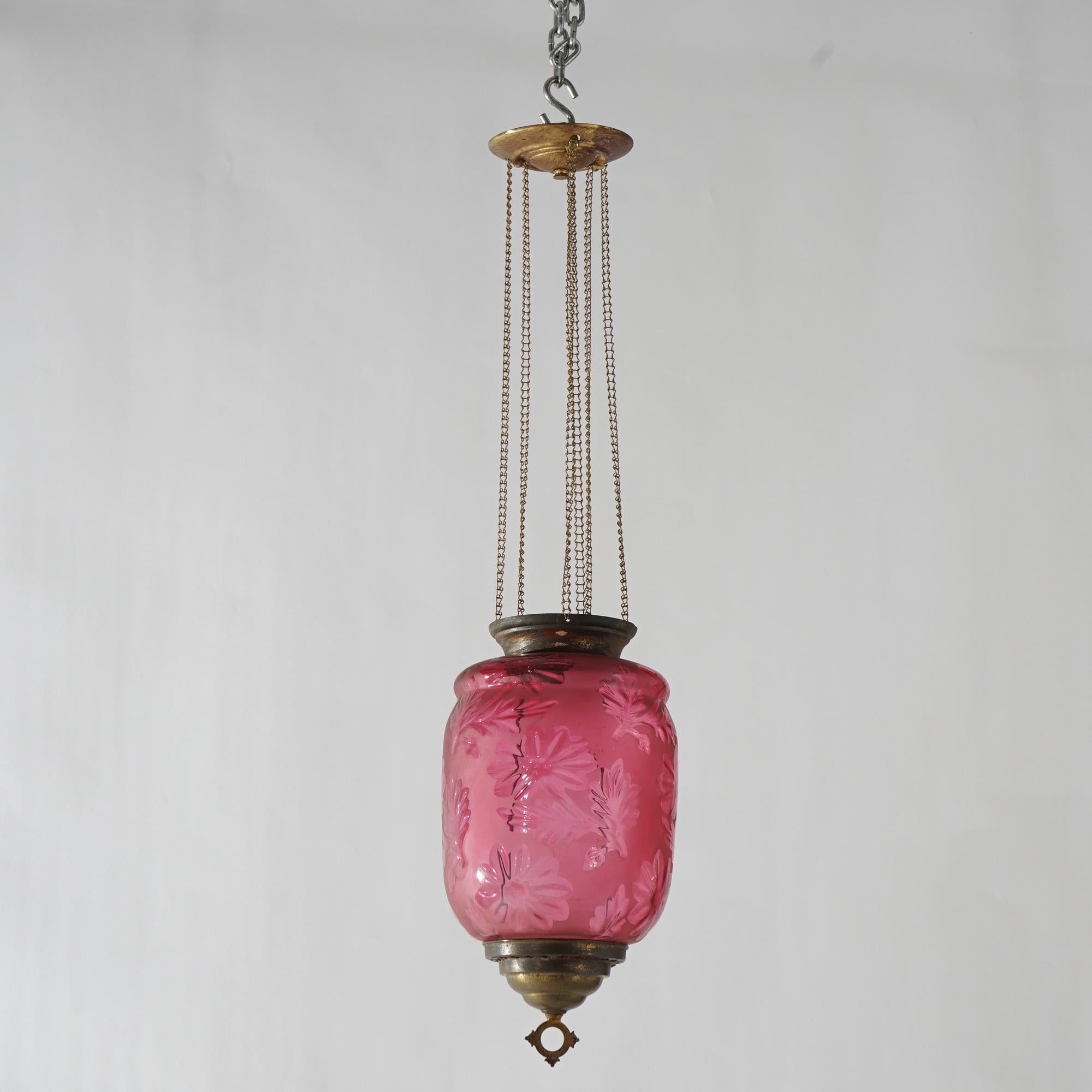 Antique Victorian Cut To Clear Cranberry Glass & Brass Hanging Hall Light C1880 For Sale 3