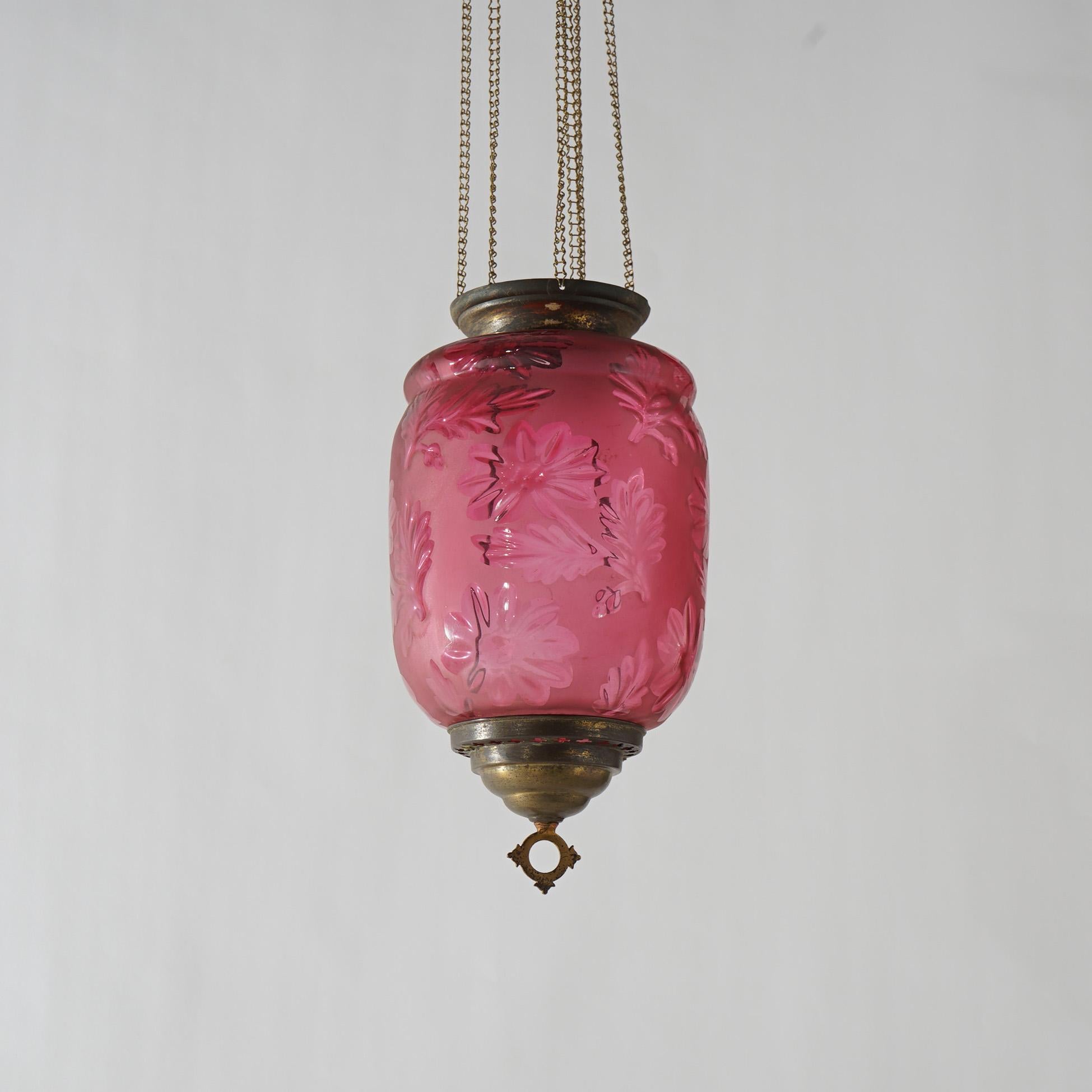 Antique Victorian Cut To Clear Cranberry Glass & Brass Hanging Hall Light C1880 For Sale 4