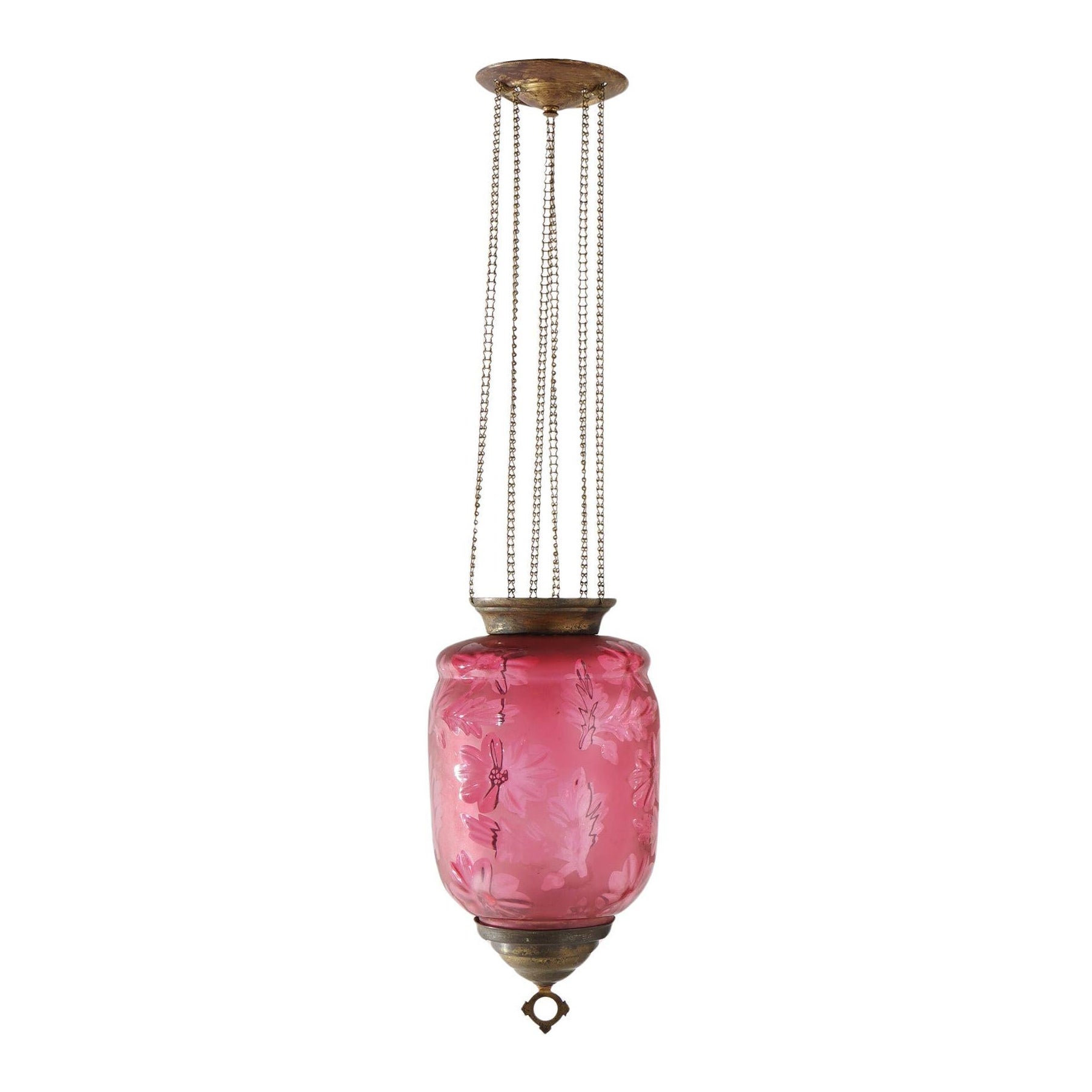 Antico lampadario vittoriano in vetro color mirtillo rosso e ottone a sospensione C1880