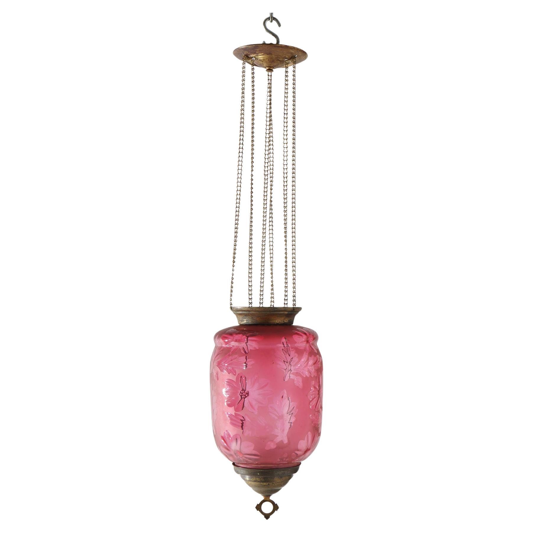 Antique Victorian Cut To Clear Cranberry Glass & Brass Hanging Hall Light C1880 For Sale
