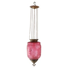 Antique Victorian Cut To Clear Cranberry Glass & Brass Hanging Hall Light C1880