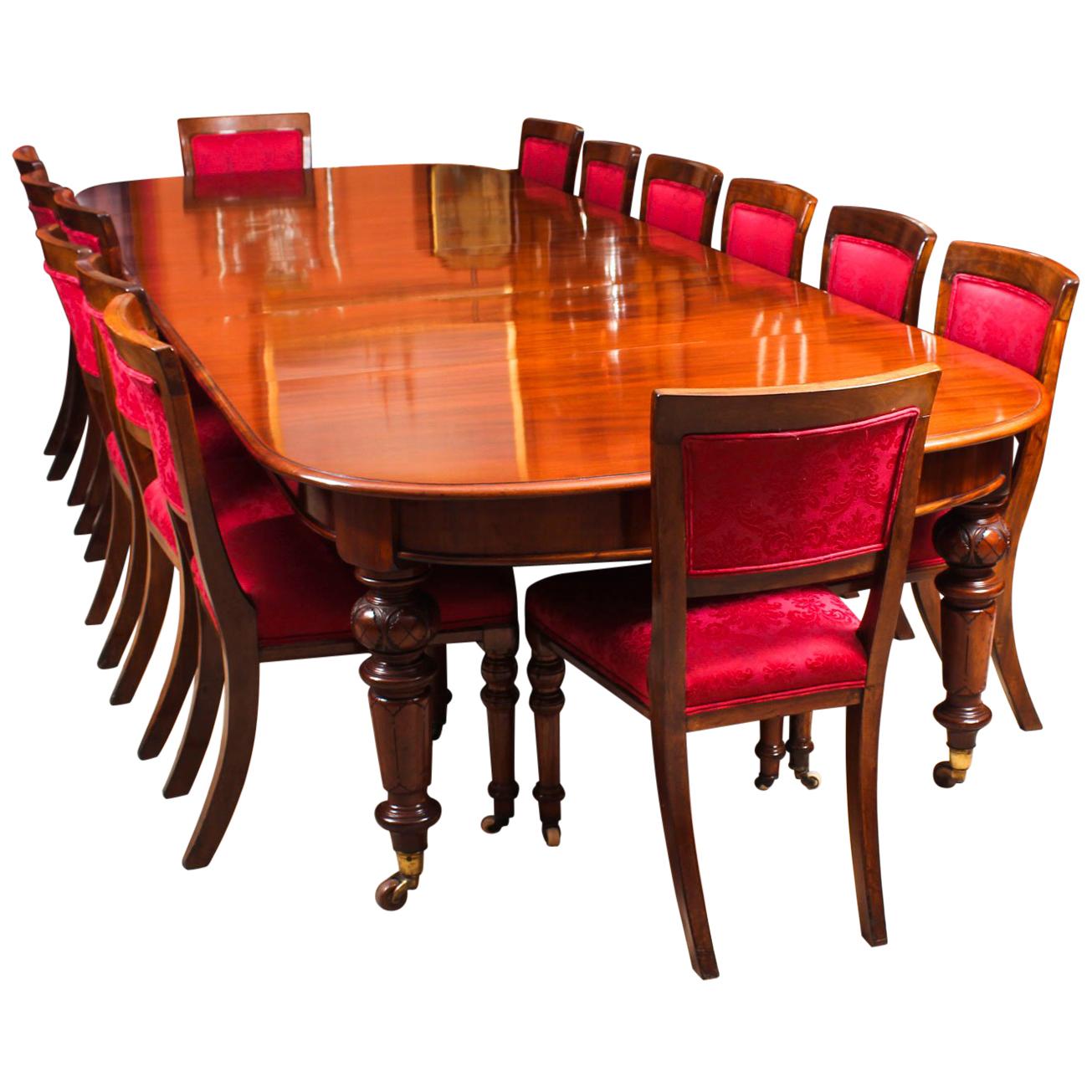 Antique Victorian D-End Mahogany Dining Table and 14 Chairs, 19th Century