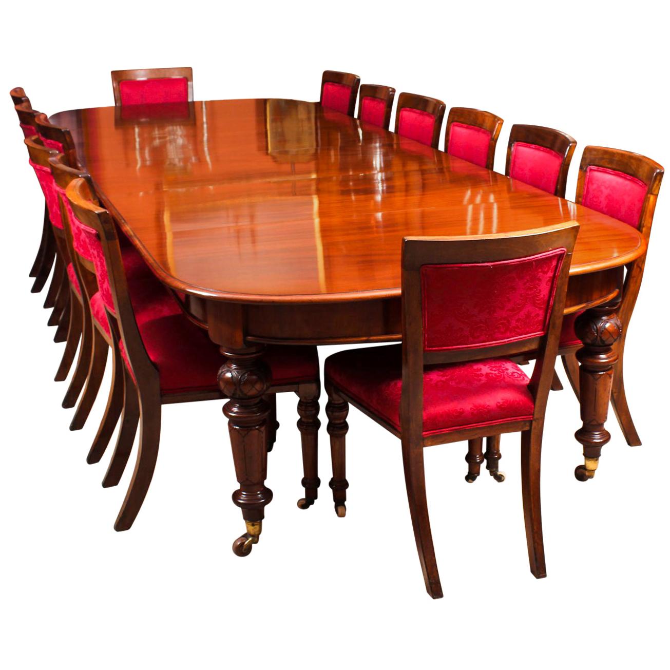 Antique Victorian D-End Mahogany Dining Table and 14 Chairs, 19th Century