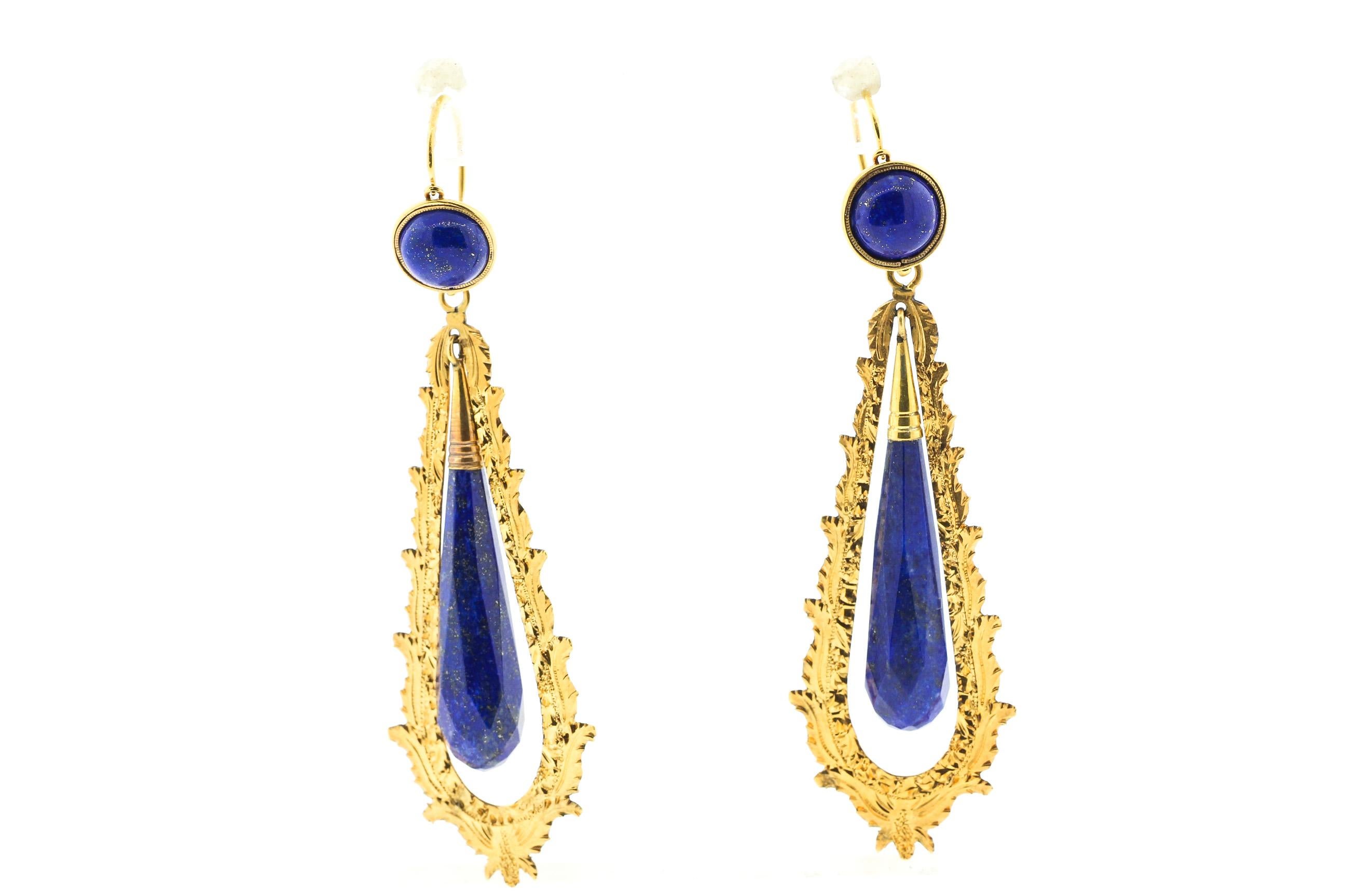 Dramatic antique Victorian 18k gold lapis Day Night earrings, circa 1890. These earrings can be worn with or without the bottom for a casual day look or dramatic night look. The tops are back to front wire hoops. The bottom has an engraved gold