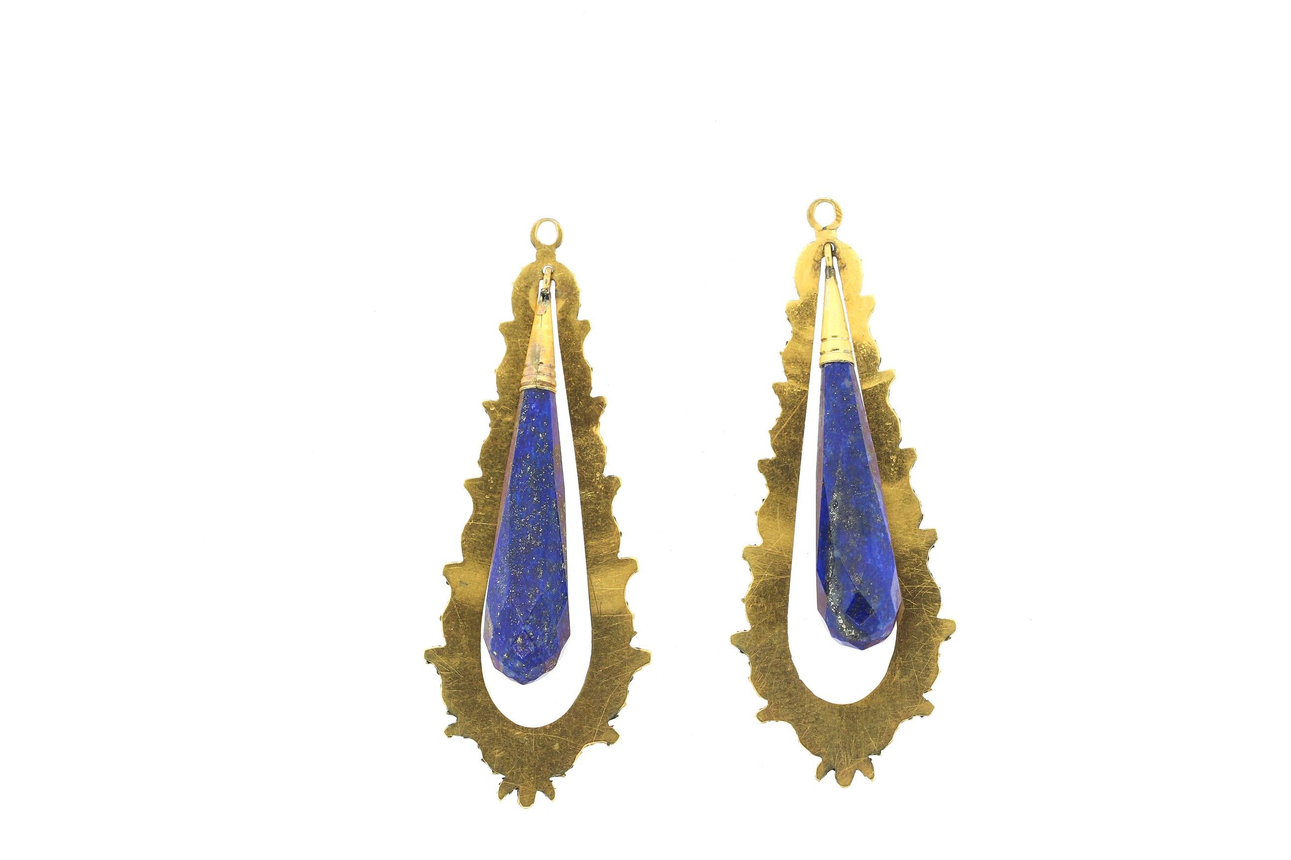 Late Victorian Antique Victorian Day Night 18 Karat Gold Lapis Dart Ear Pendants