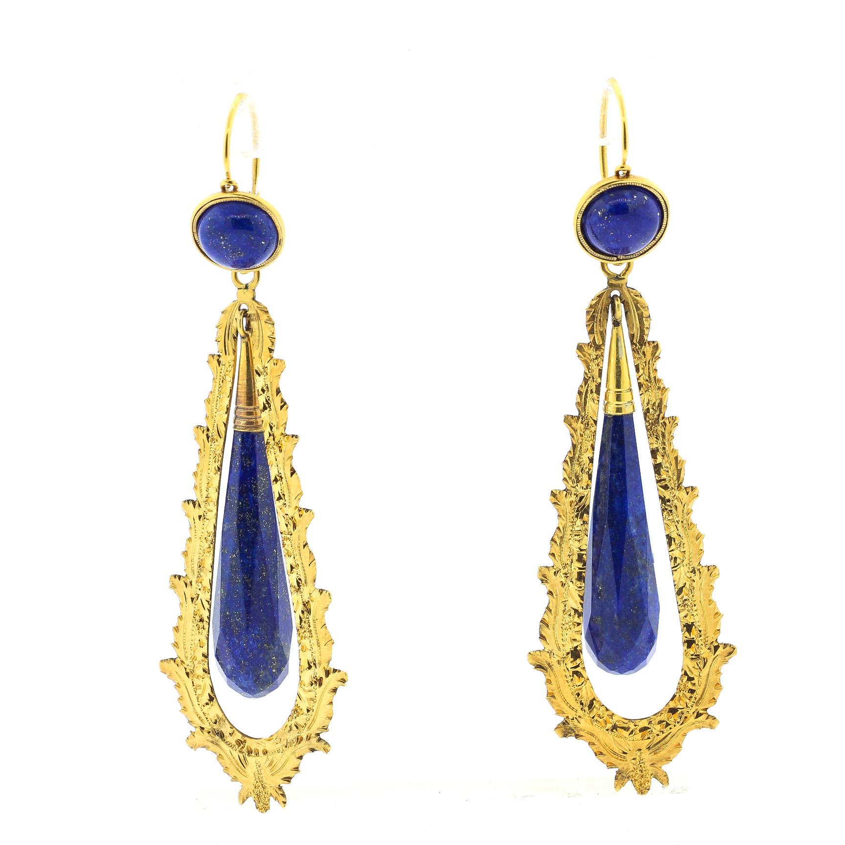 Antique Victorian Day Night 18 Karat Gold Lapis Dart Ear Pendants In Good Condition In New York, NY