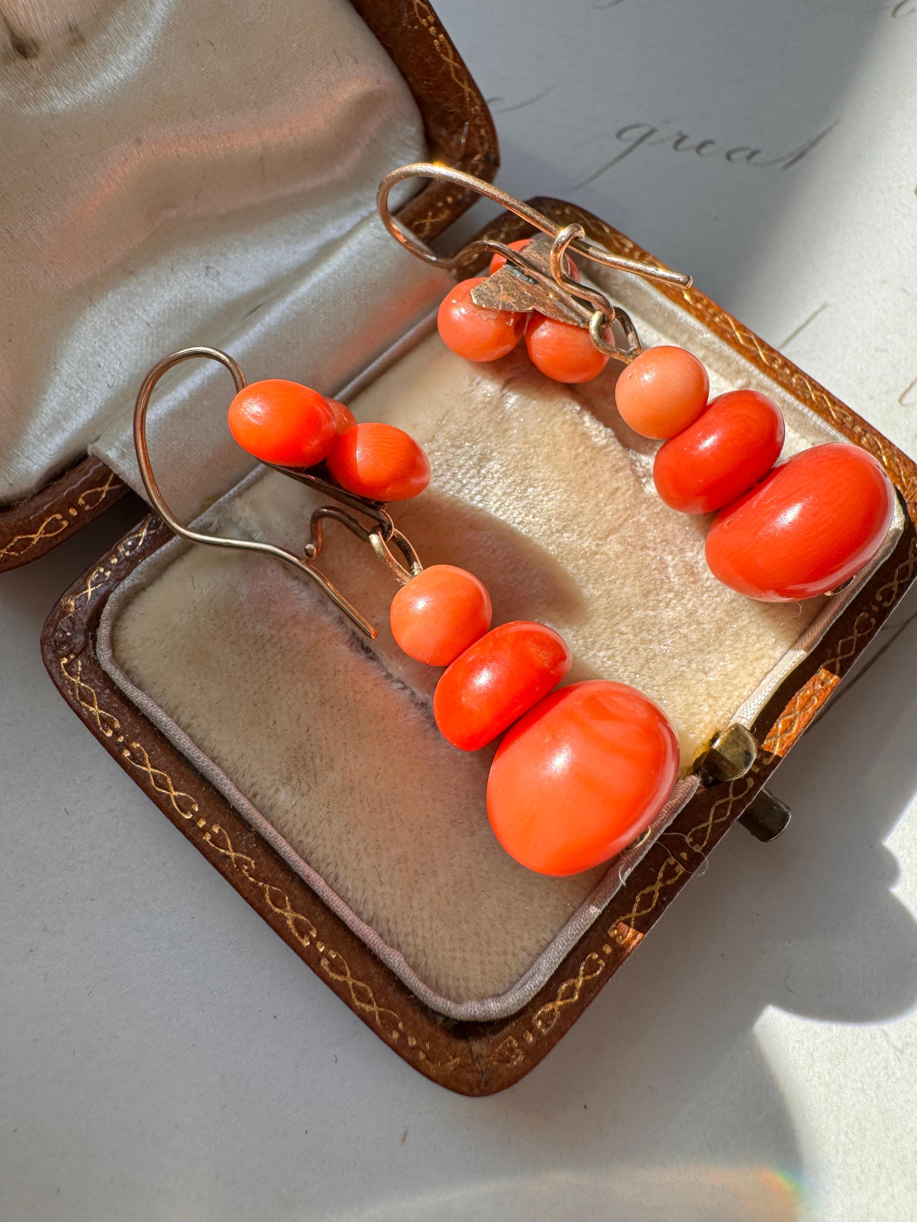 Bead Antique Victorian Day to Night Coral Dangle Drop Earrings For Sale