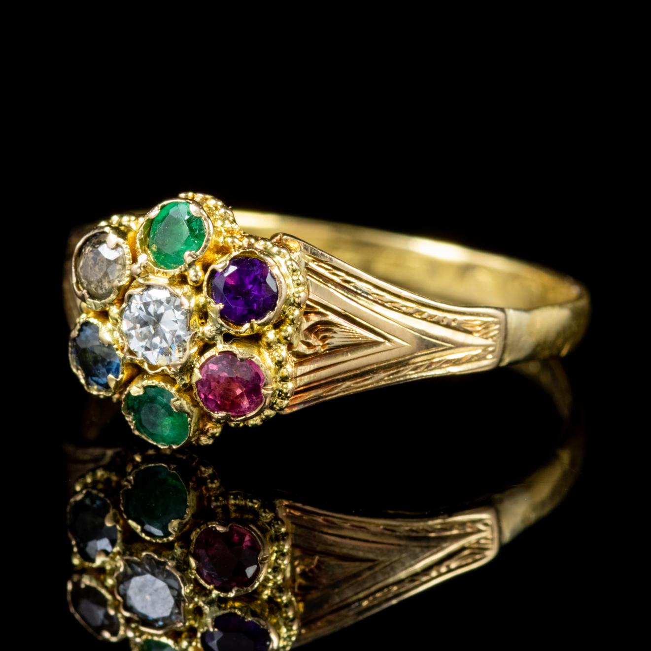 A fabulous antique Victorian sentiment ring crowned with a cluster of colourful gemstones that spell out the word ‘Dearest’ with each first letter of the stone – Diamond, Emerald, Amethyst, Ruby, Emerald, Sapphire, Topaz.

Sentiment rings or DEAREST