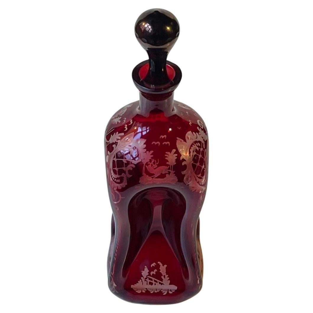 Antique Victorian Decanter in Engraved Ruby Glass, 19th century