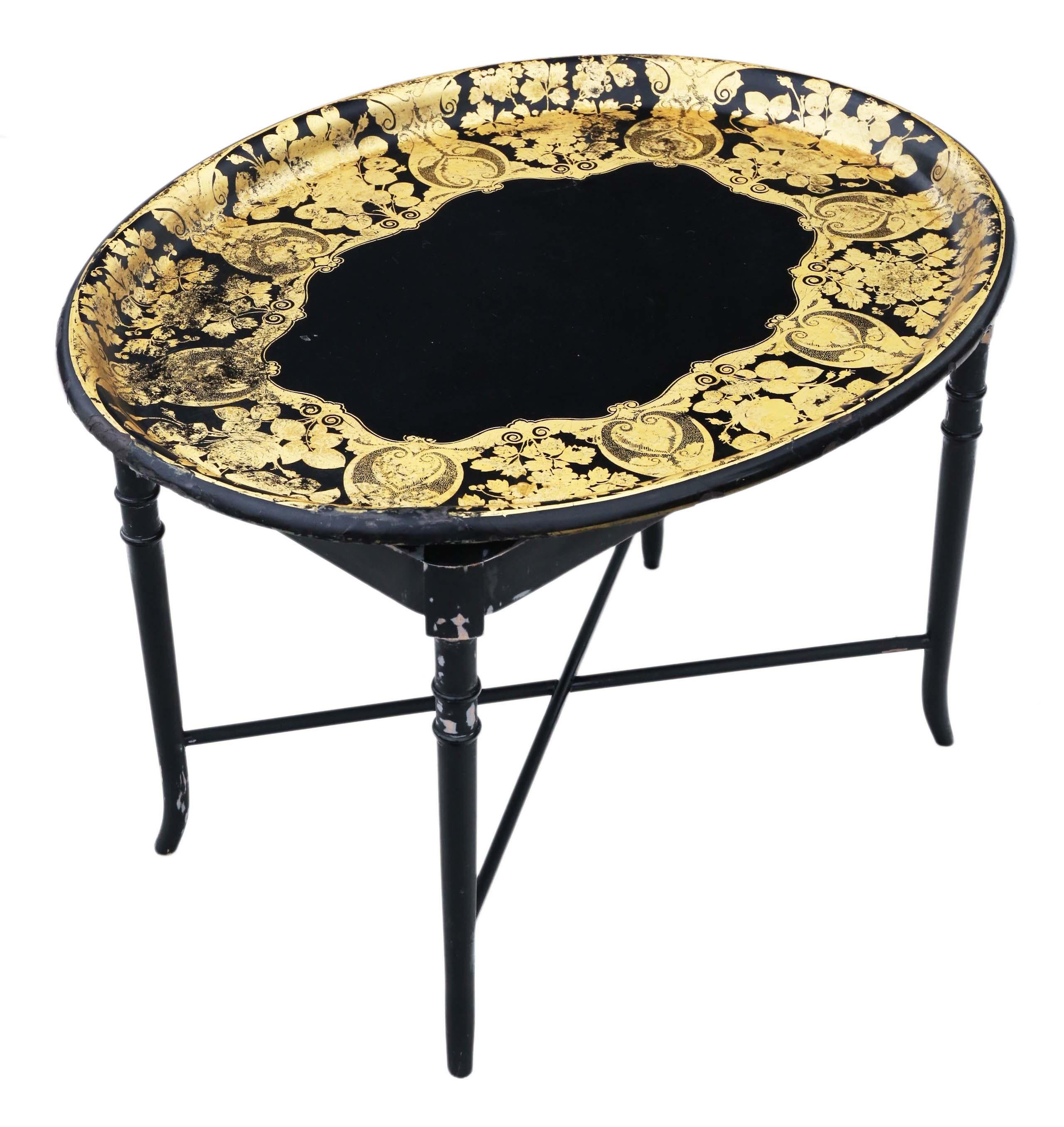 Mesa de centro antigua victoriana decorada con bandeja de laca negra sobre pie en Bueno estado para la venta en Wisbech, Cambridgeshire