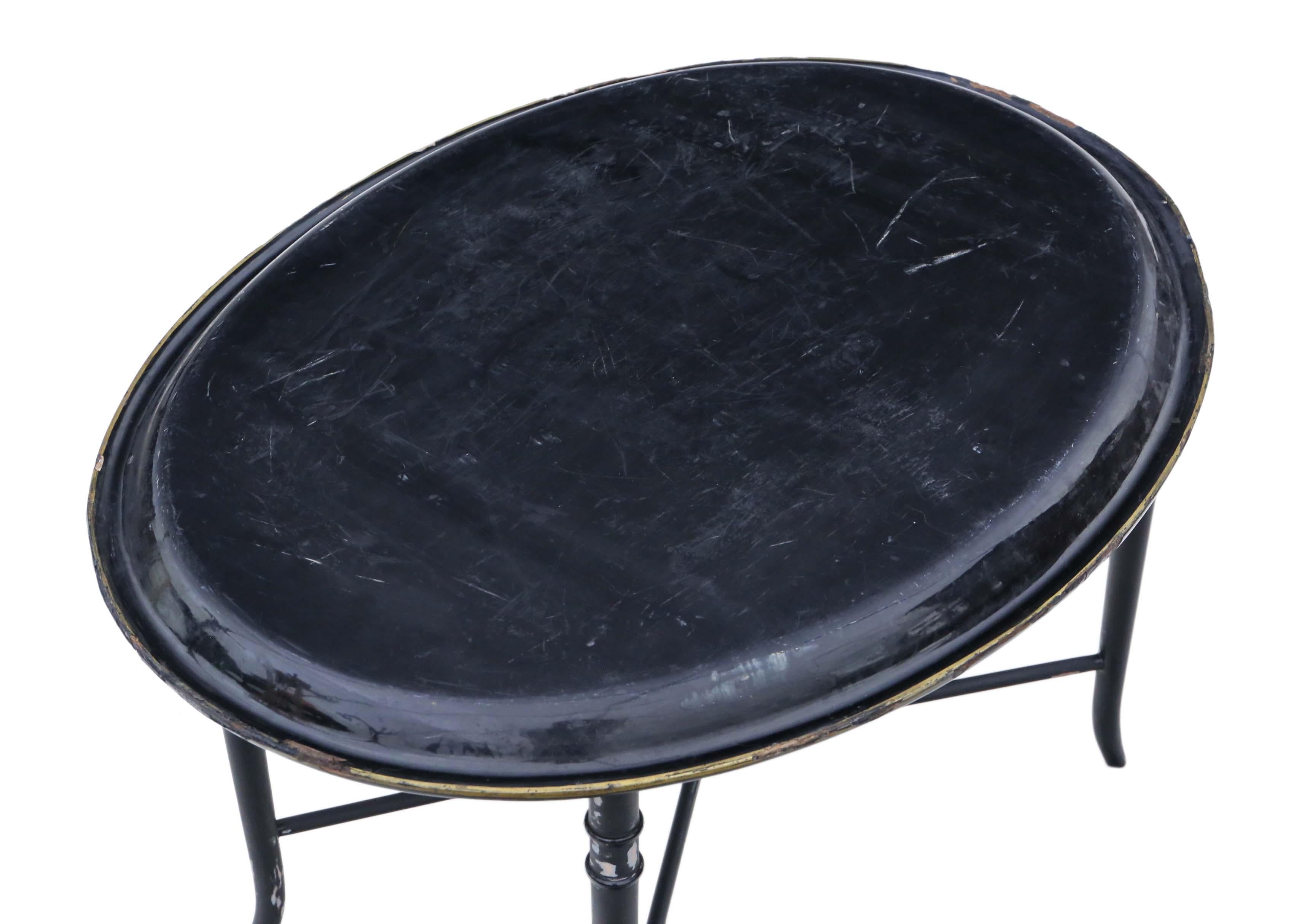 Late 19th Century Antique Victorian Decorated Black Lacquer Tray on Stand Coffee Table For Sale