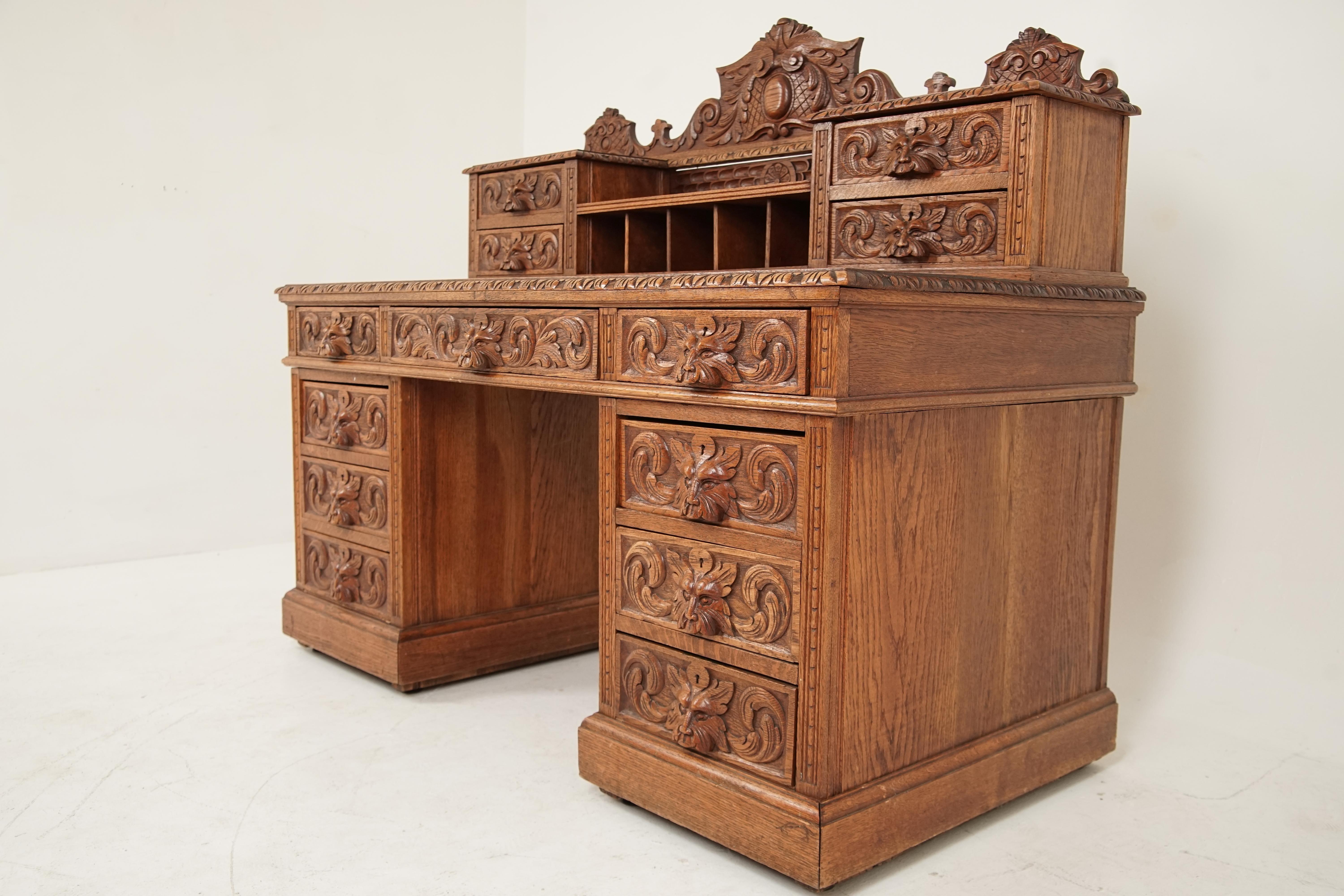 Antique Victorian Desk, Carved Oak, Green Man Dickens Desk, Scotland 1880 B2447 4