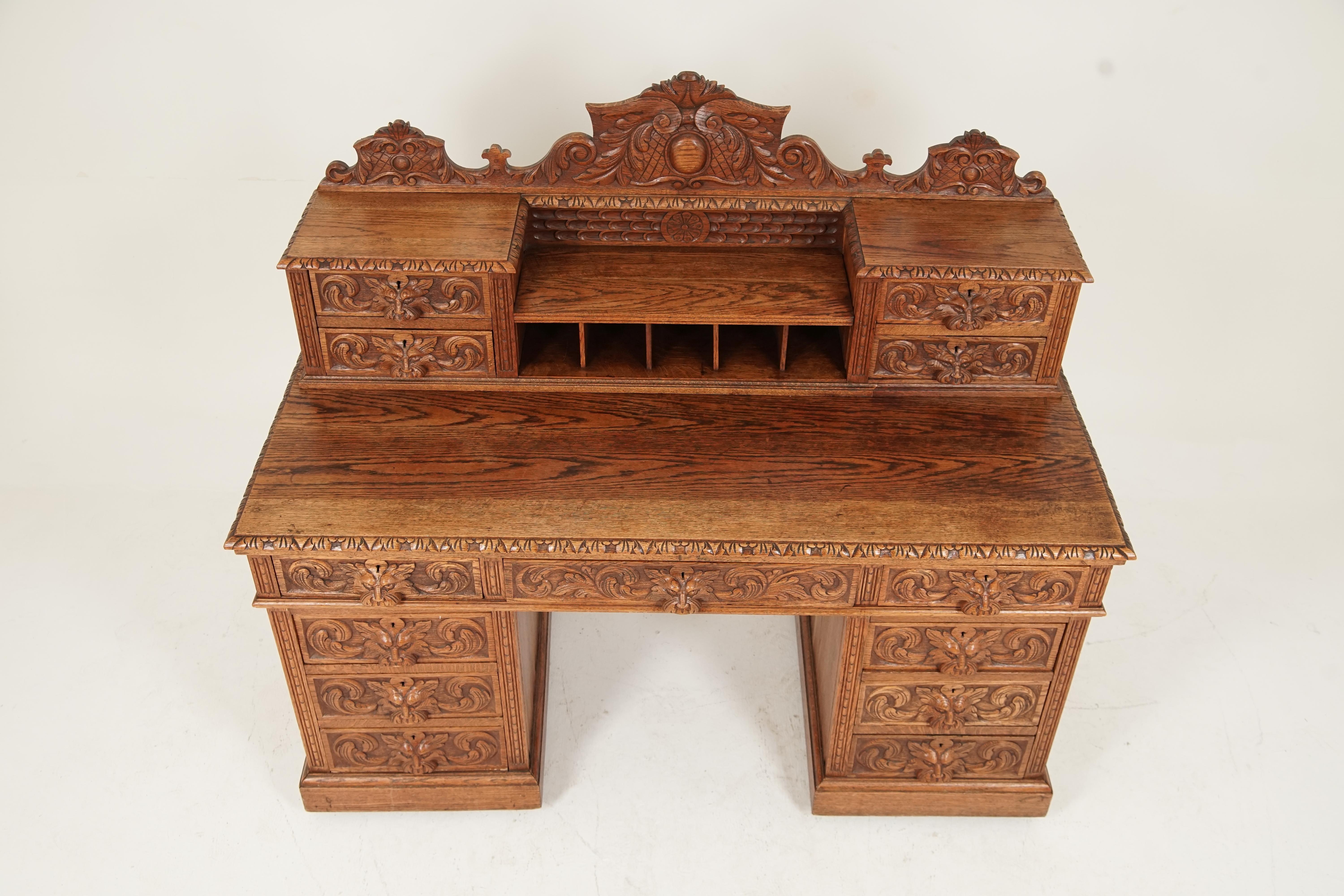 Antique Victorian desk, carved oak, 