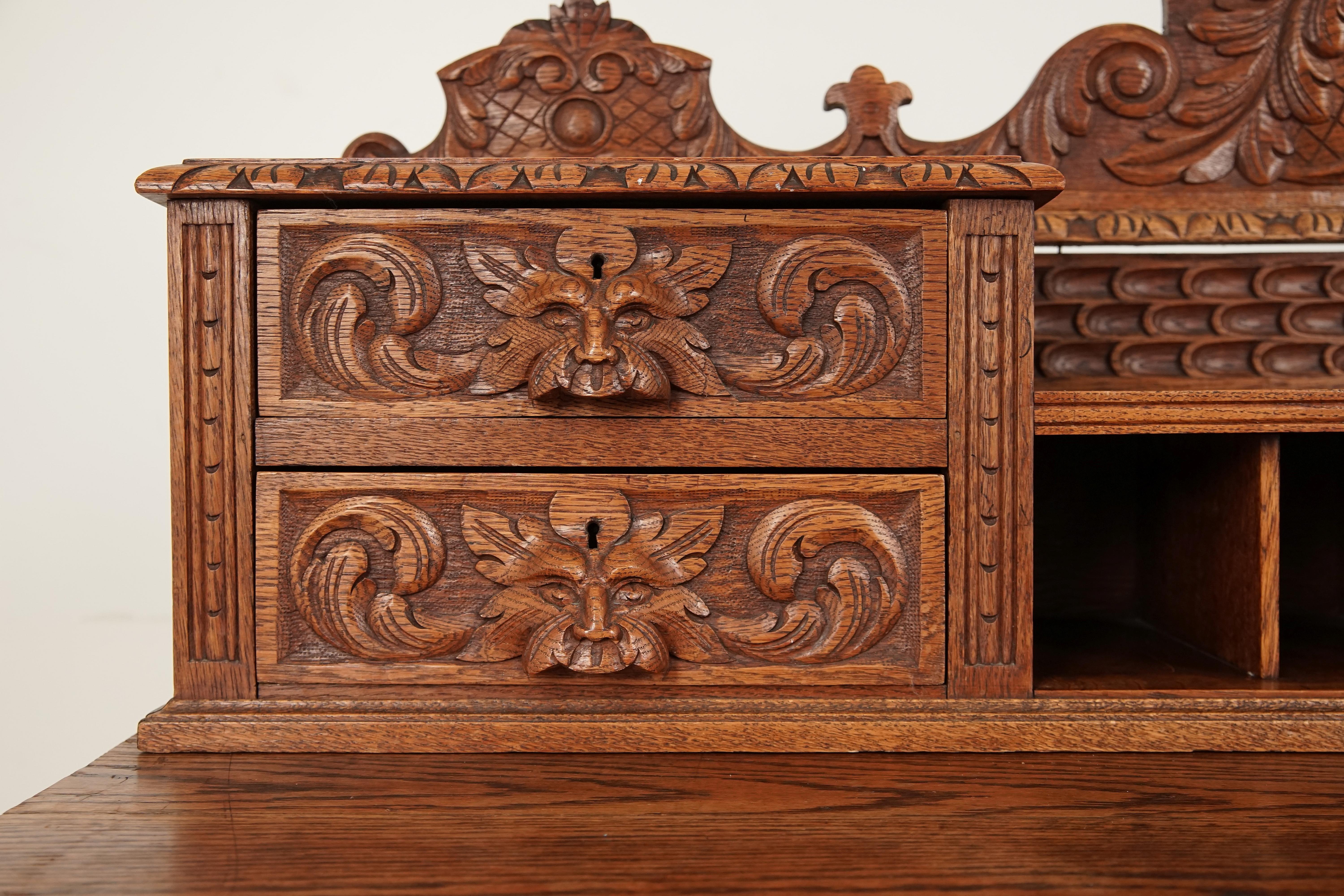 Hand-Crafted Antique Victorian Desk, Carved Oak, Green Man Dickens Desk, Scotland 1880 B2447