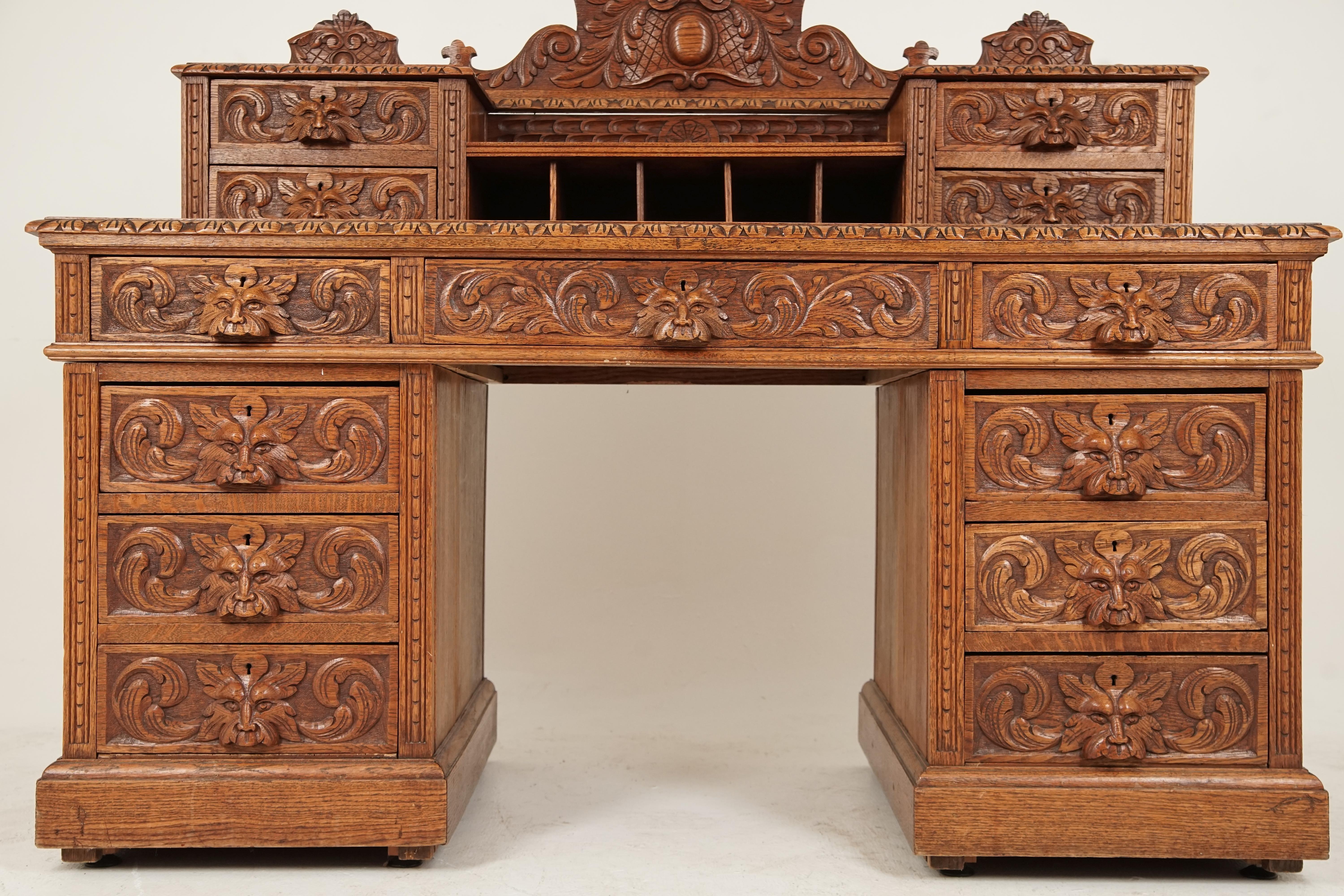Antique Victorian Desk, Carved Oak, Green Man Dickens Desk, Scotland 1880 B2447 In Good Condition In Vancouver, BC