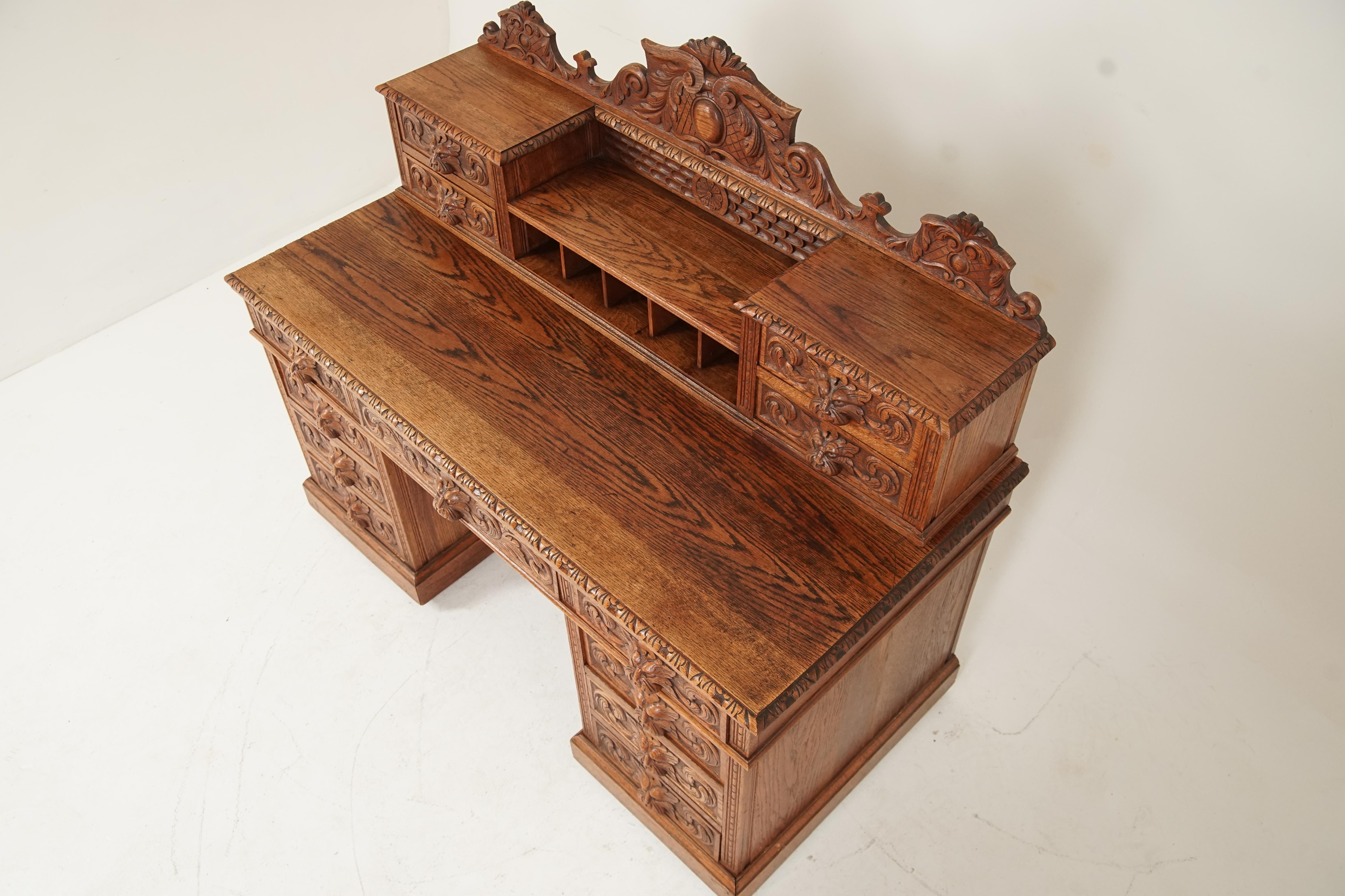 Late 19th Century Antique Victorian Desk, Carved Oak, Green Man Dickens Desk, Scotland 1880 B2447