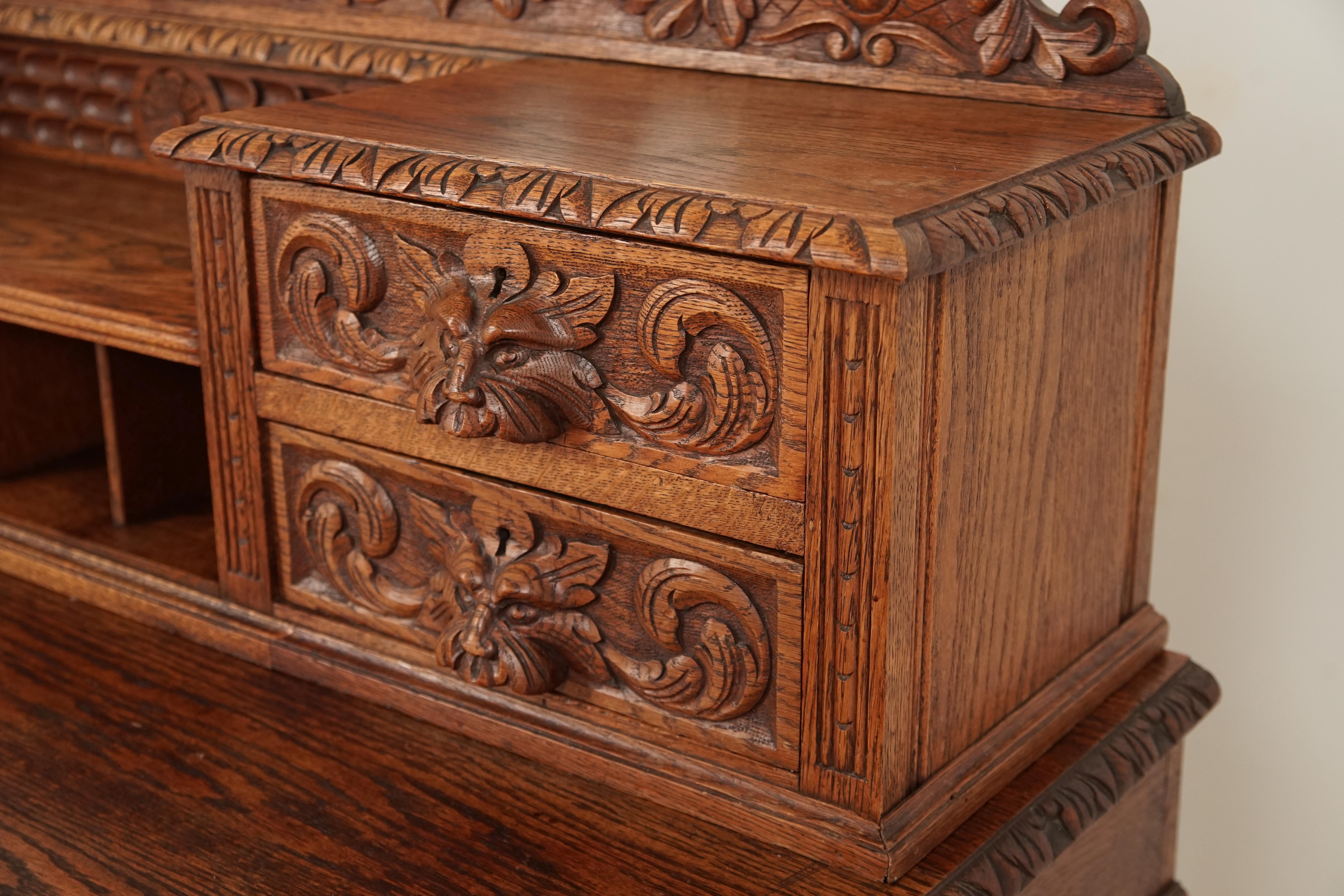 Antique Victorian Desk, Carved Oak, Green Man Dickens Desk, Scotland 1880 B2447 2