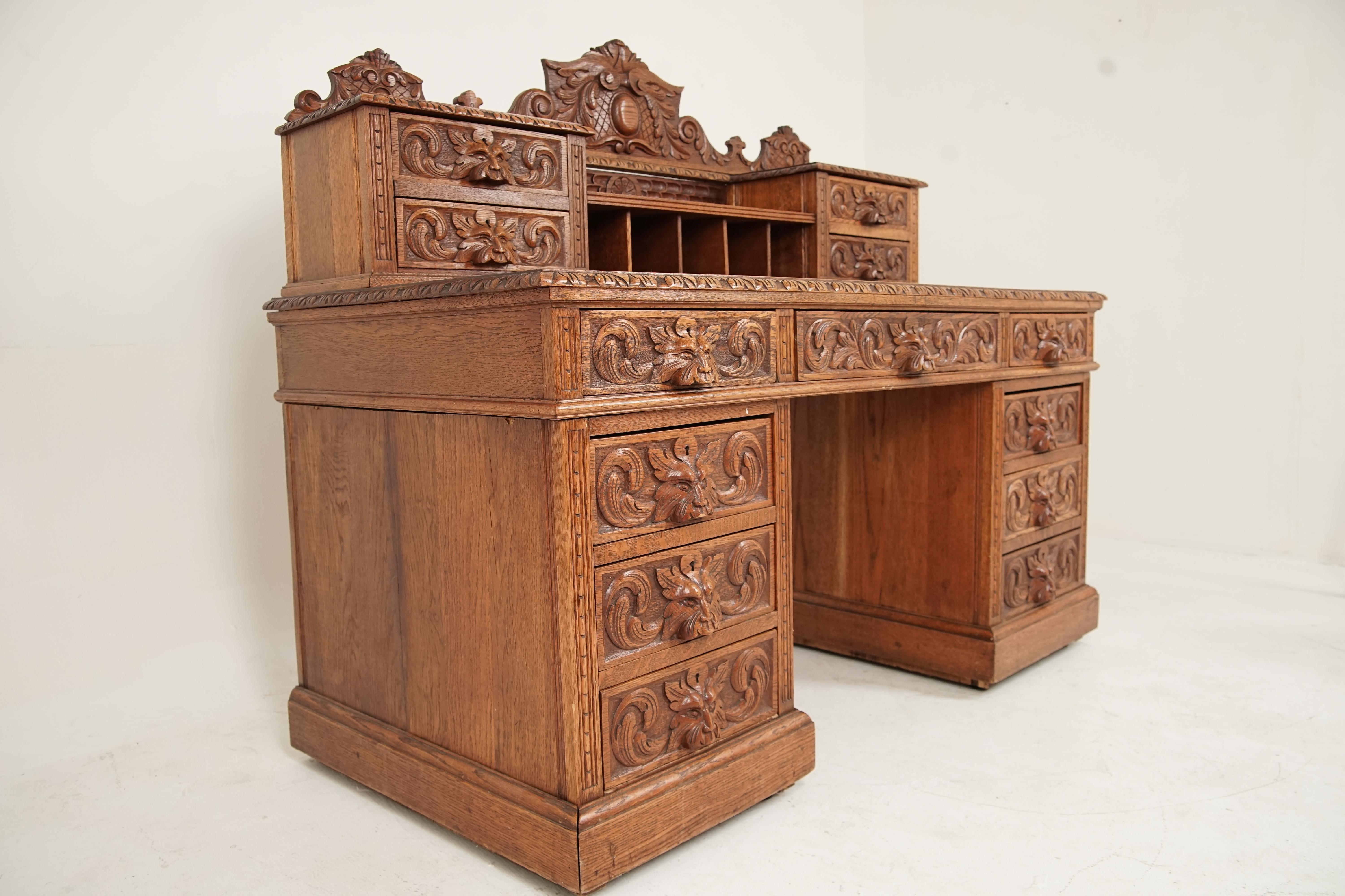 Antique Victorian Desk, Carved Oak, Green Man Dickens Desk, Scotland 1880 B2447 3