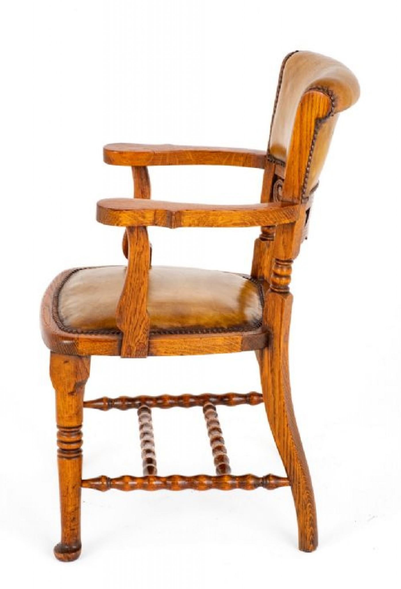Antique Victorian Desk Chair Oak Leather 1870 For Sale 3