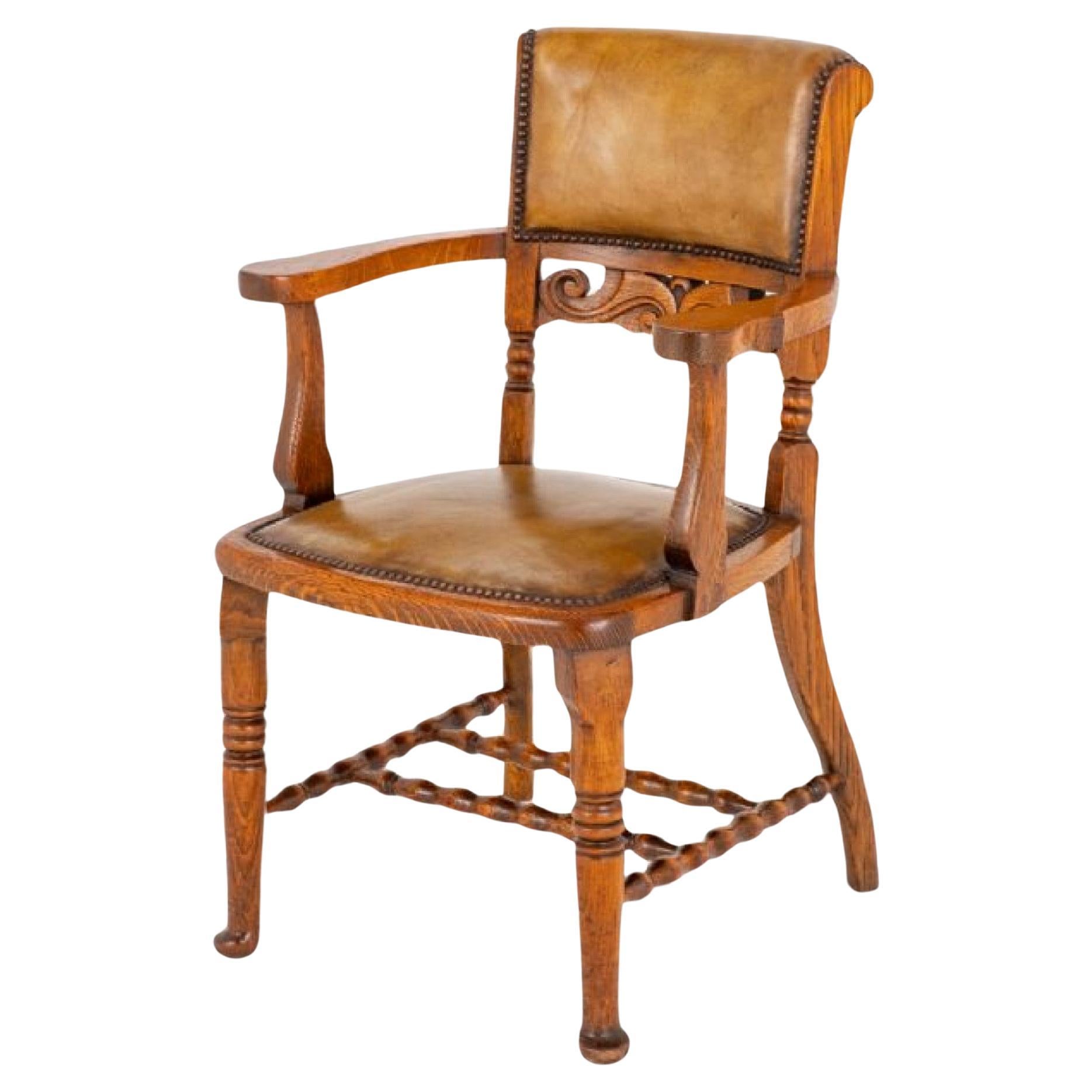 Antique Victorian Desk Chair Oak Leather 1870 For Sale