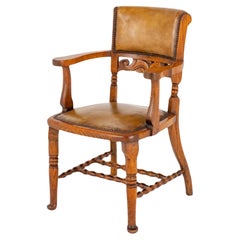 Ancienne chaise de bureau victorienne en chêne et cuir 1870