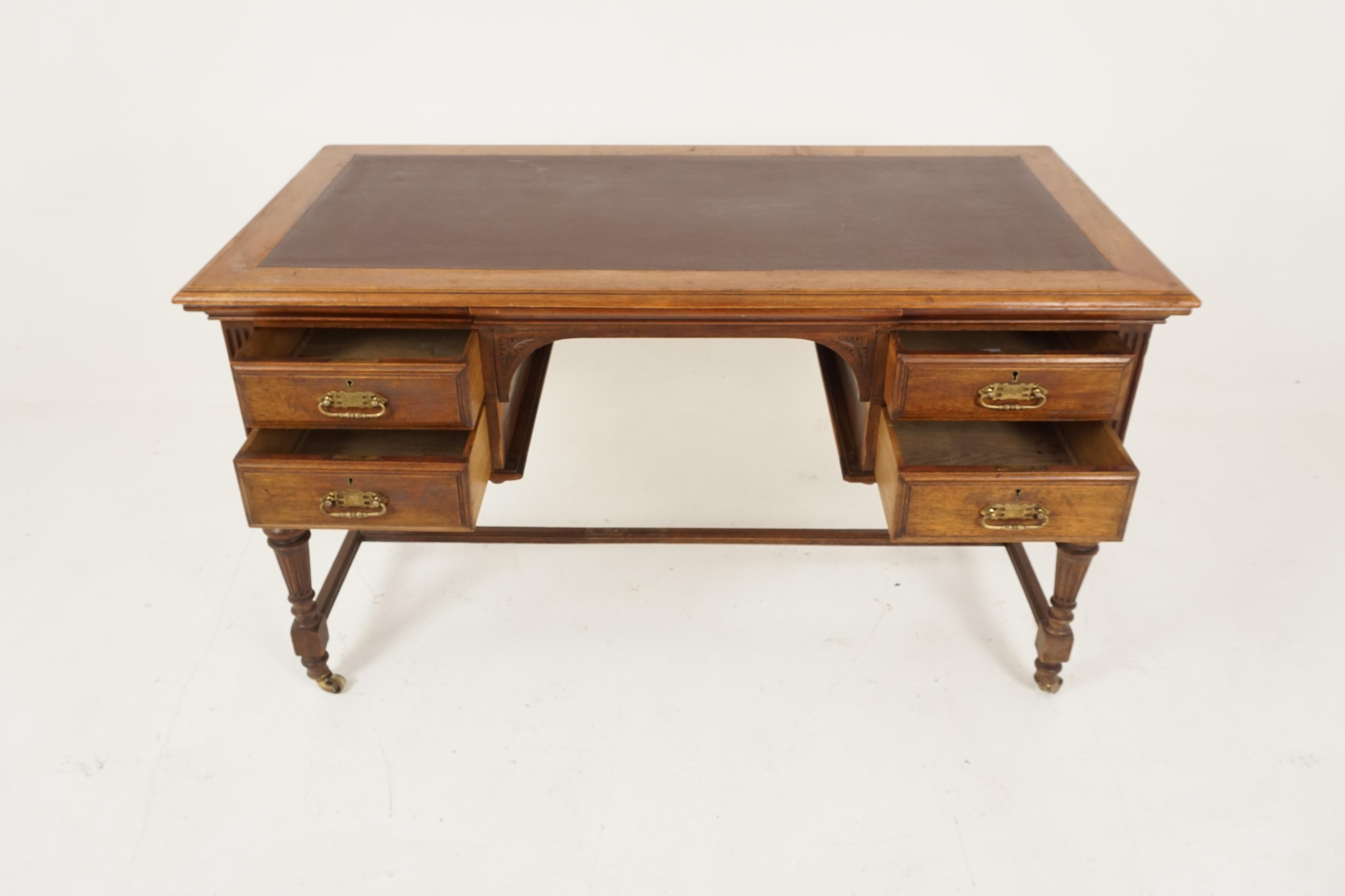 Antique Victorian desk, Walnut writing desk, Scotland 1890, B1264

Scotland, 1890
Solid Walnut
Original finish
Rectangular moulded top
The top insert with a vinyl writing surface
Slide out adjustable writing tablet to the center
Flanked by a pair of