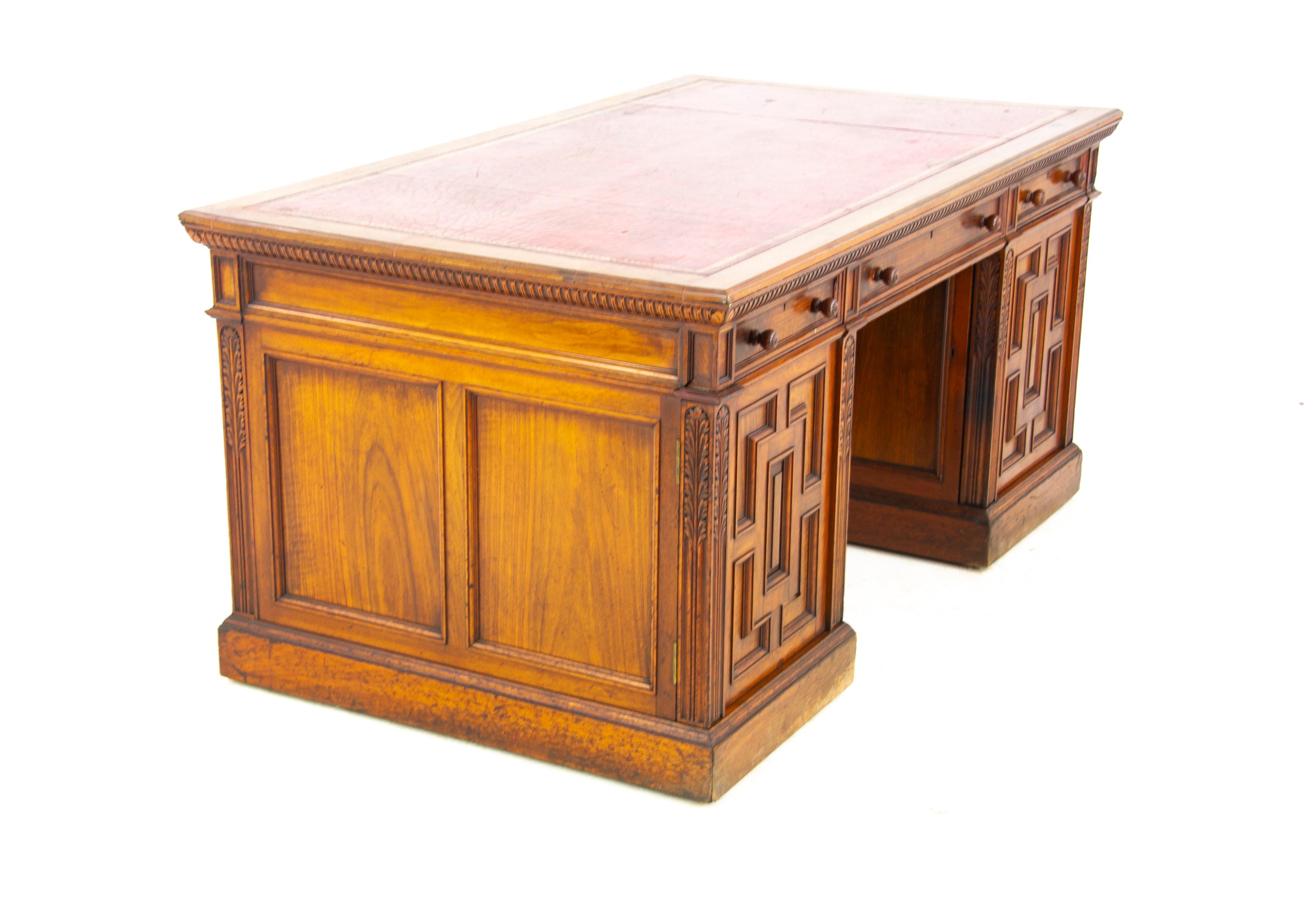 Scottish Antique Victorian Desk, Walnut Leather Top Pedestal Desk, Scotland 1880, B1373