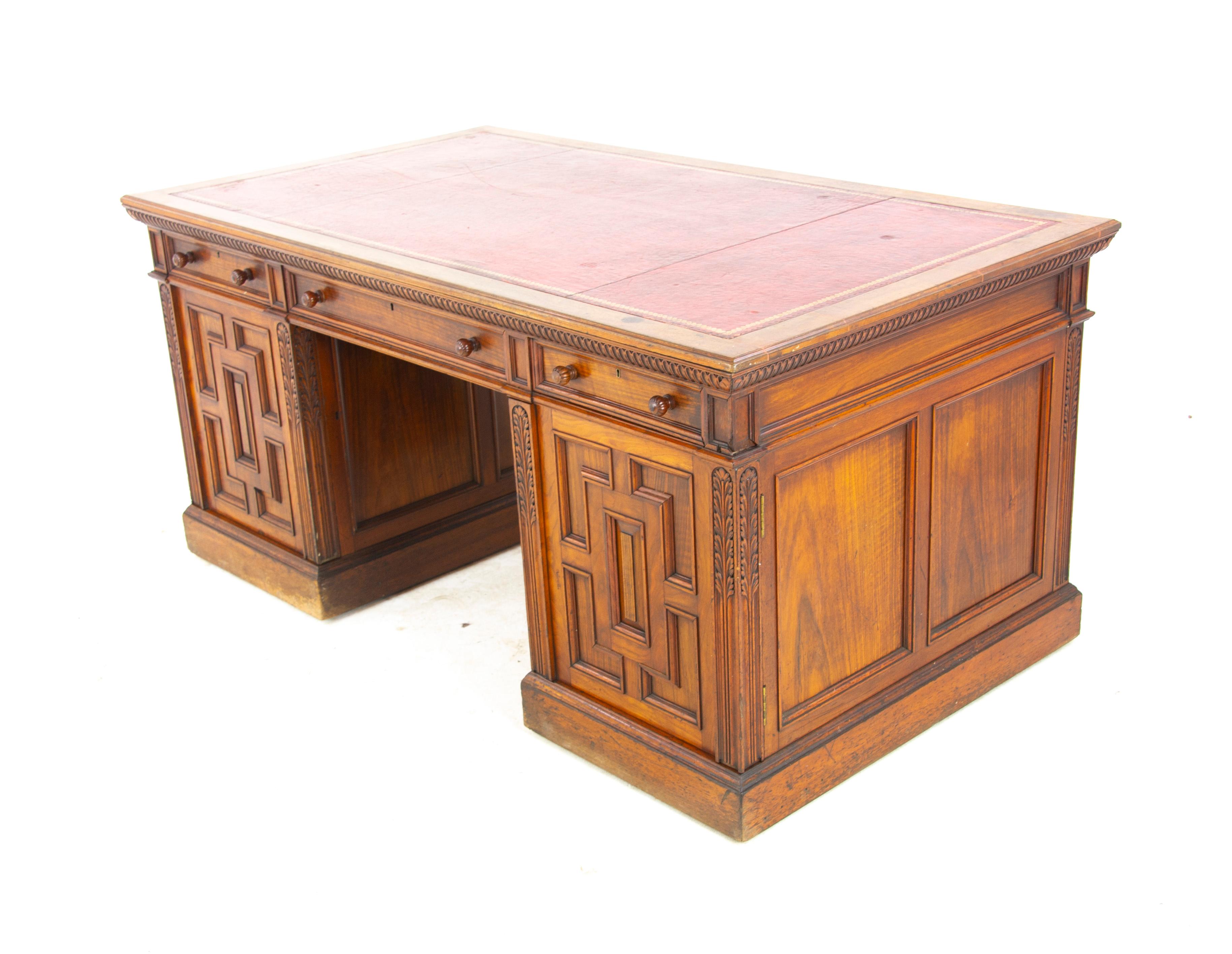 Hand-Crafted Antique Victorian Desk, Walnut Leather Top Pedestal Desk, Scotland 1880, B1373