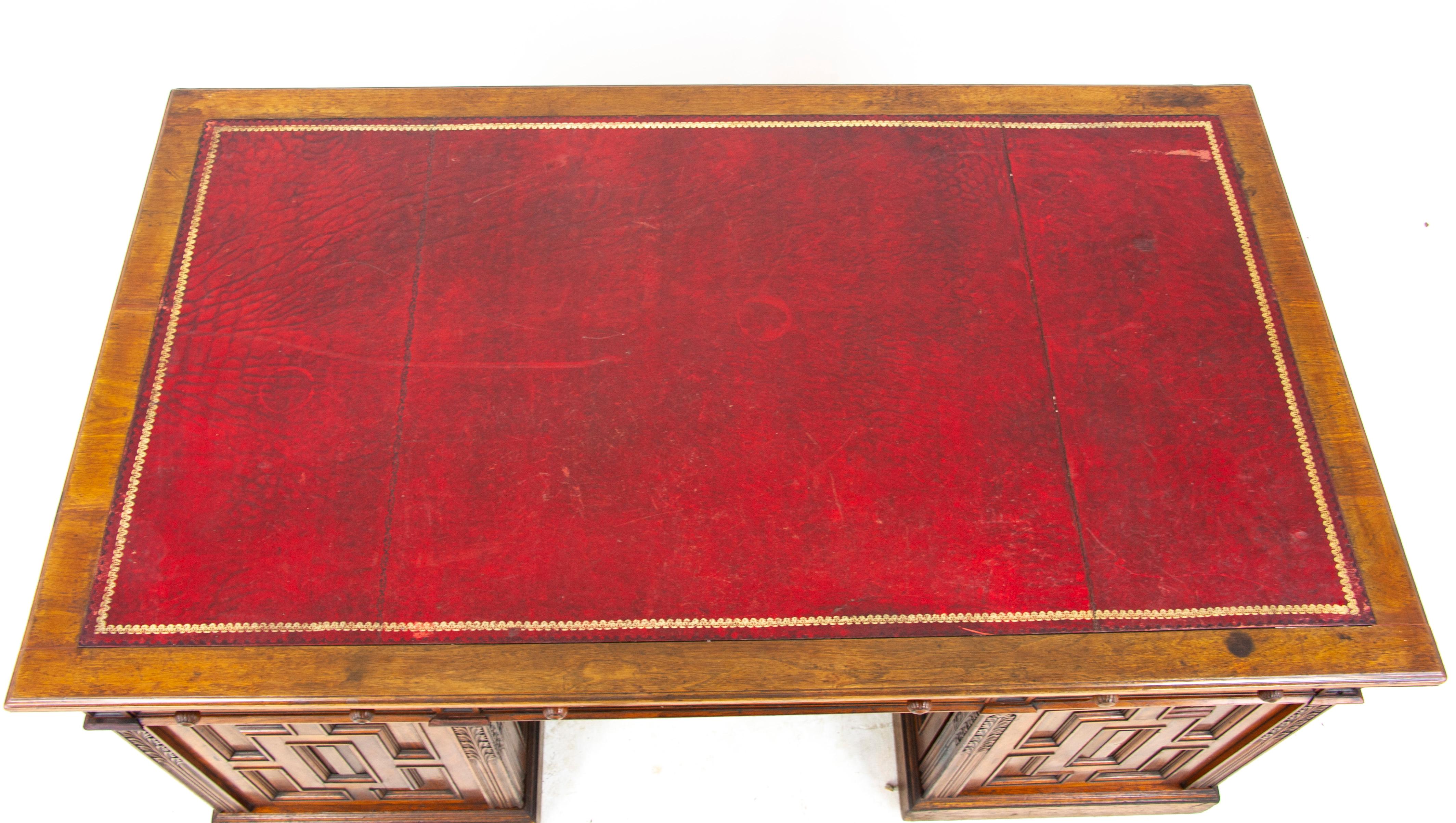 Late 19th Century Antique Victorian Desk, Walnut Leather Top Pedestal Desk, Scotland 1880, B1373