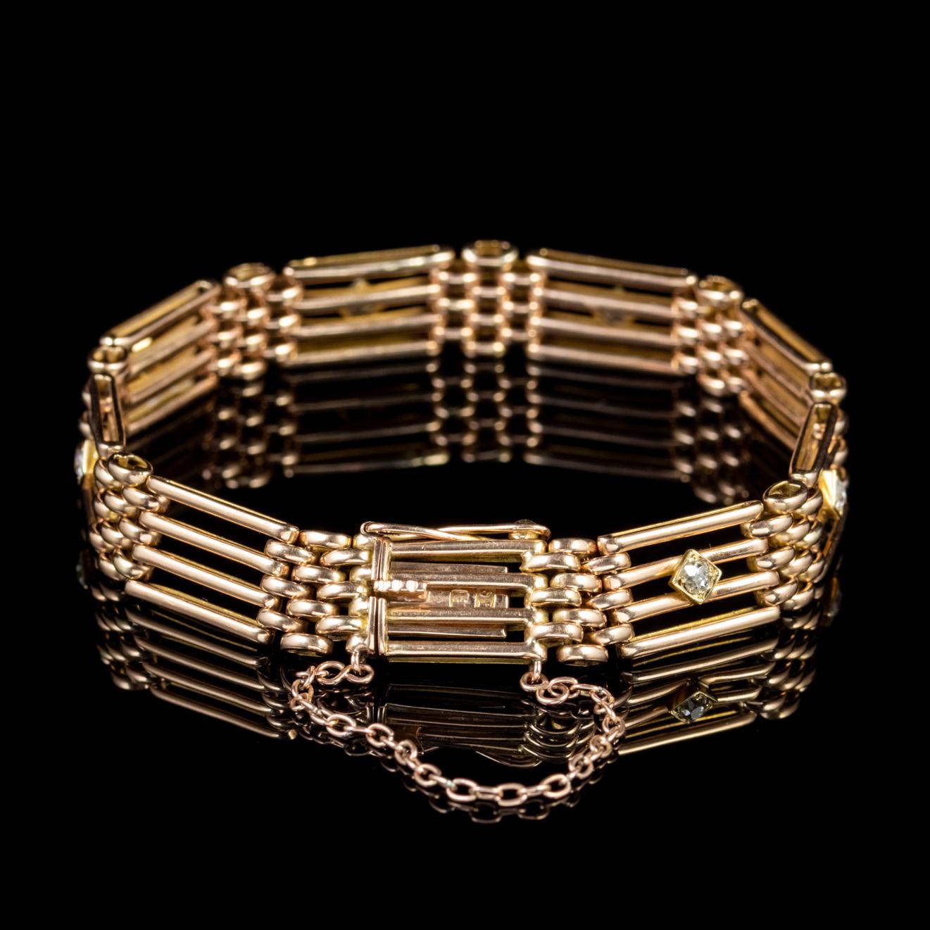 A spectacular antique Victorian gate bracelet made up of fabulous gate links dotted with seven 0.08ct Diamonds around the outer circumference. 

The piece is modelled in 15ct Yellow Gold and displays beautiful workmanship all round. It also features