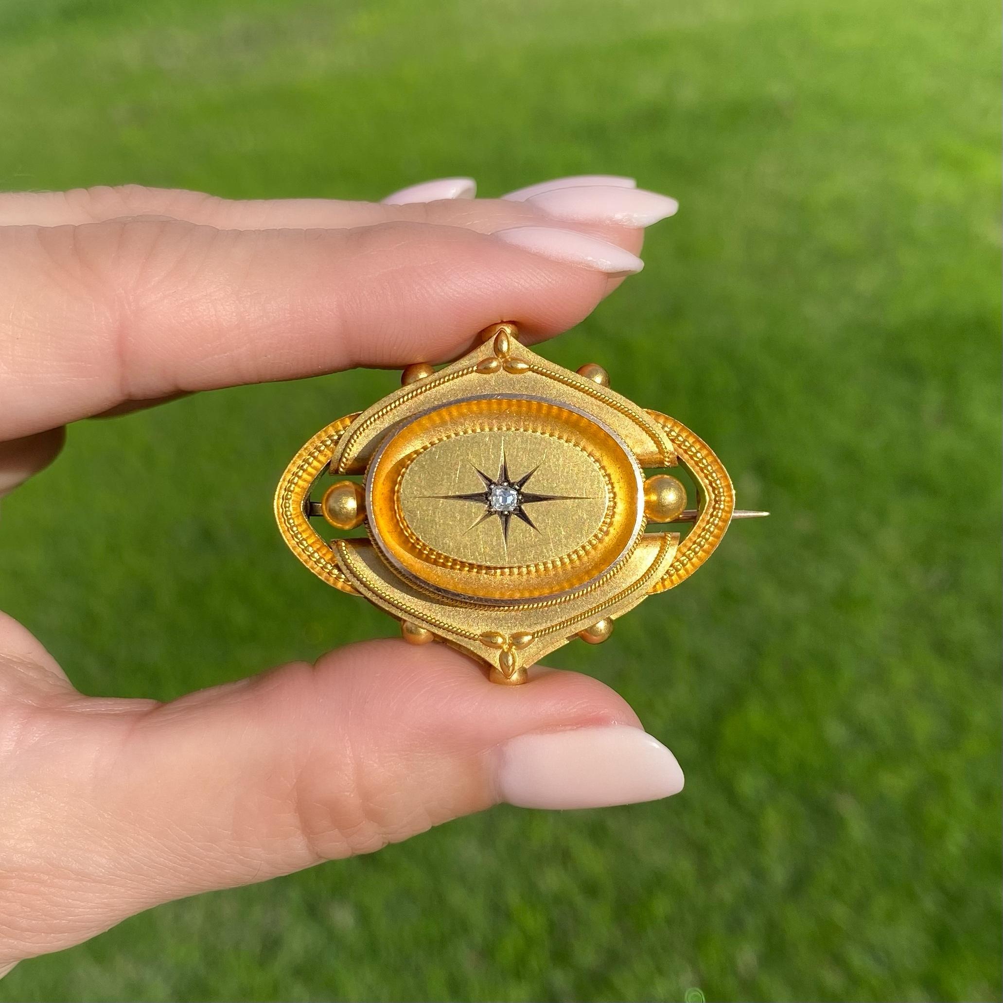 Simply Beautiful! Finely detailed Antique Victorian Diamond 15K Gold Locket Brooch. Center set with a 0.12ct Diamond. Hand crafted in 15 Karat Yellow Gold. Approx. 1.75” L x 1.43” W. The Brooch epitomizes vintage charm and is in excellent condition.
