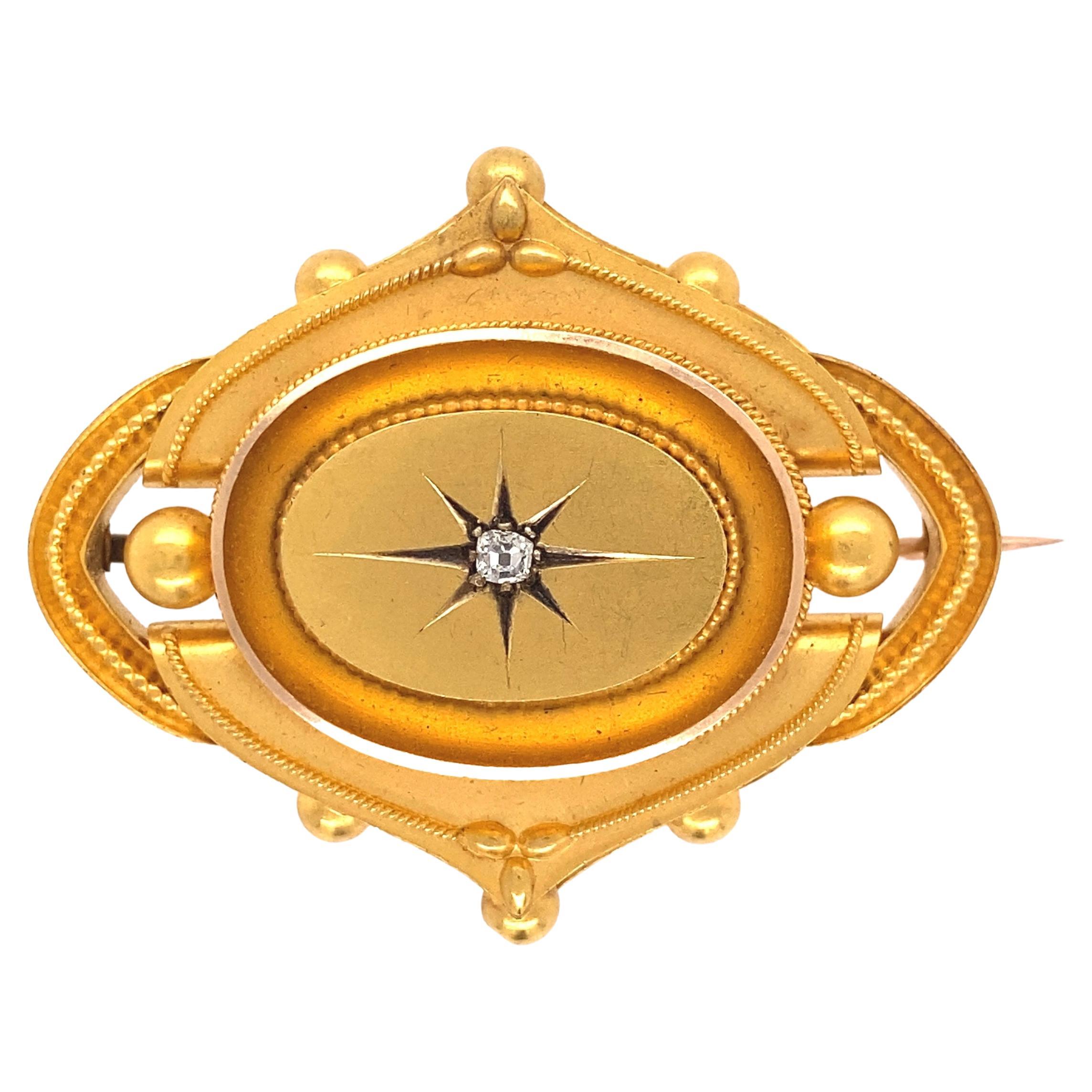 Broche médaillon victorienne ancienne en or 15 carats avec diamants, ancienne pièce de succession de haute joaillerie